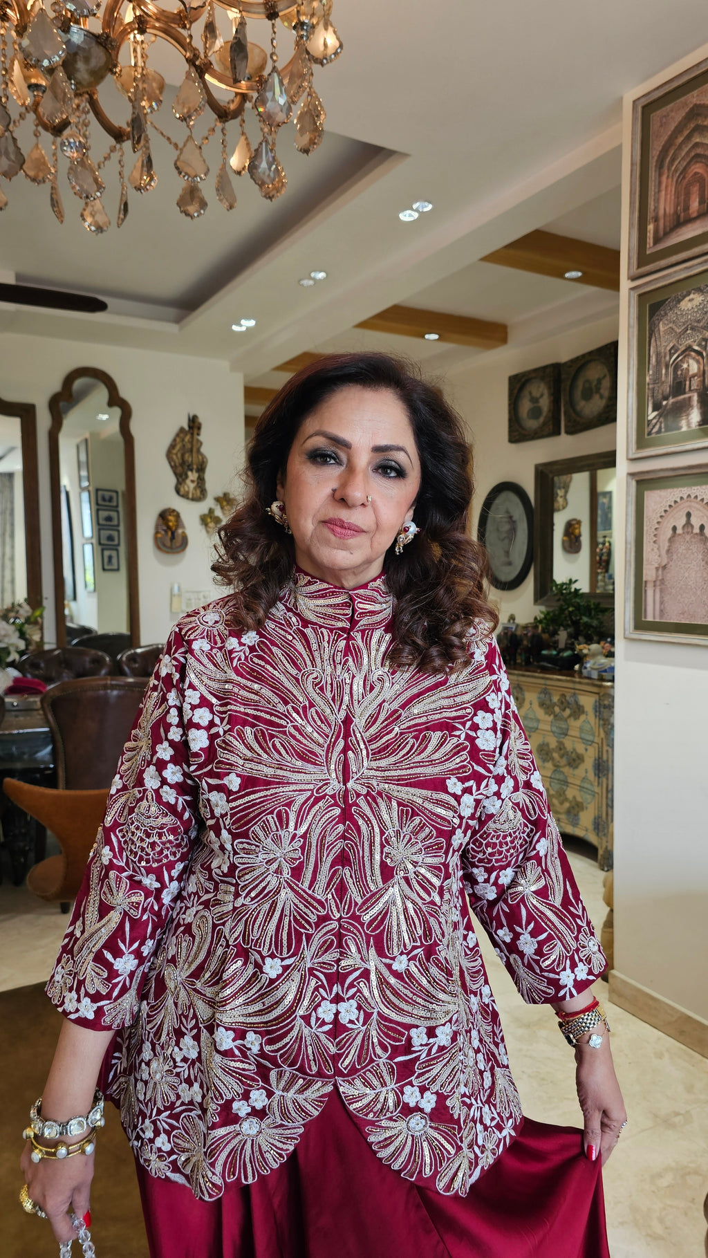 Adorable Silk & Satin Machine and Hand Embroidered Top With Satin Drop Crotch Pants