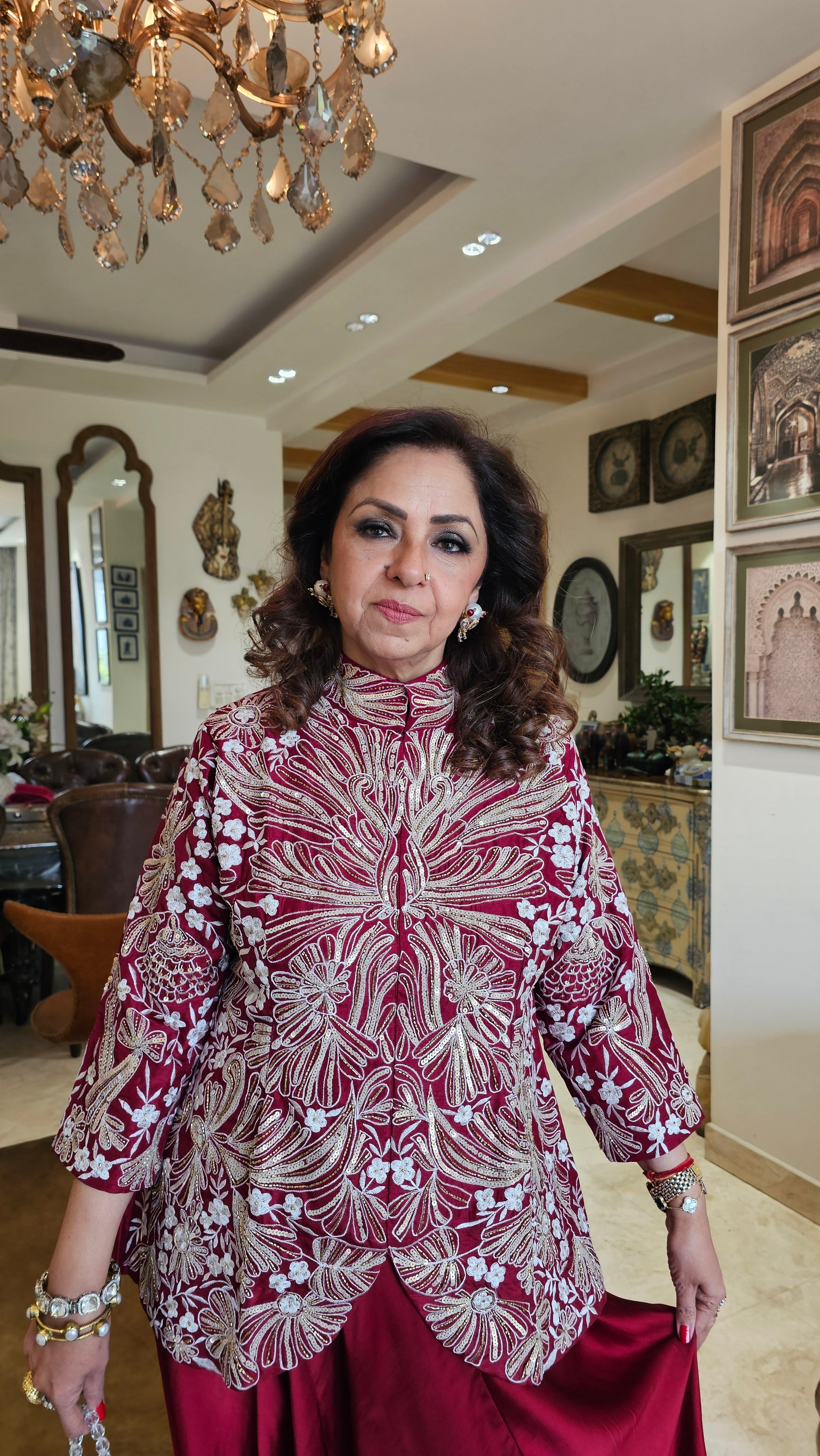 Adorable Silk & Satin Machine and Hand Embroidered Top With Satin Drop Crotch Pants