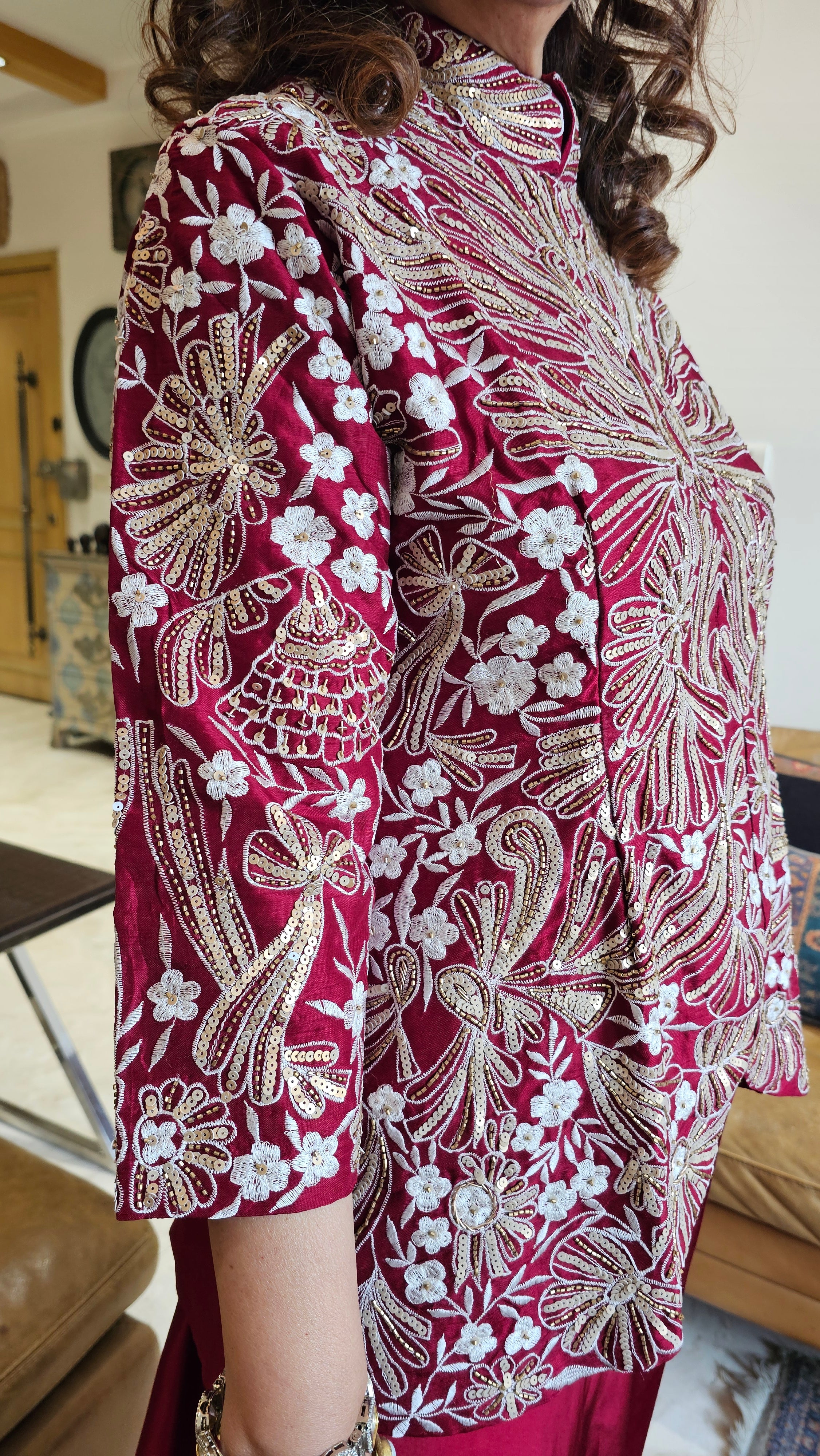 Adorable Silk & Satin Machine and Hand Embroidered Top With Satin Drop Crotch Pants