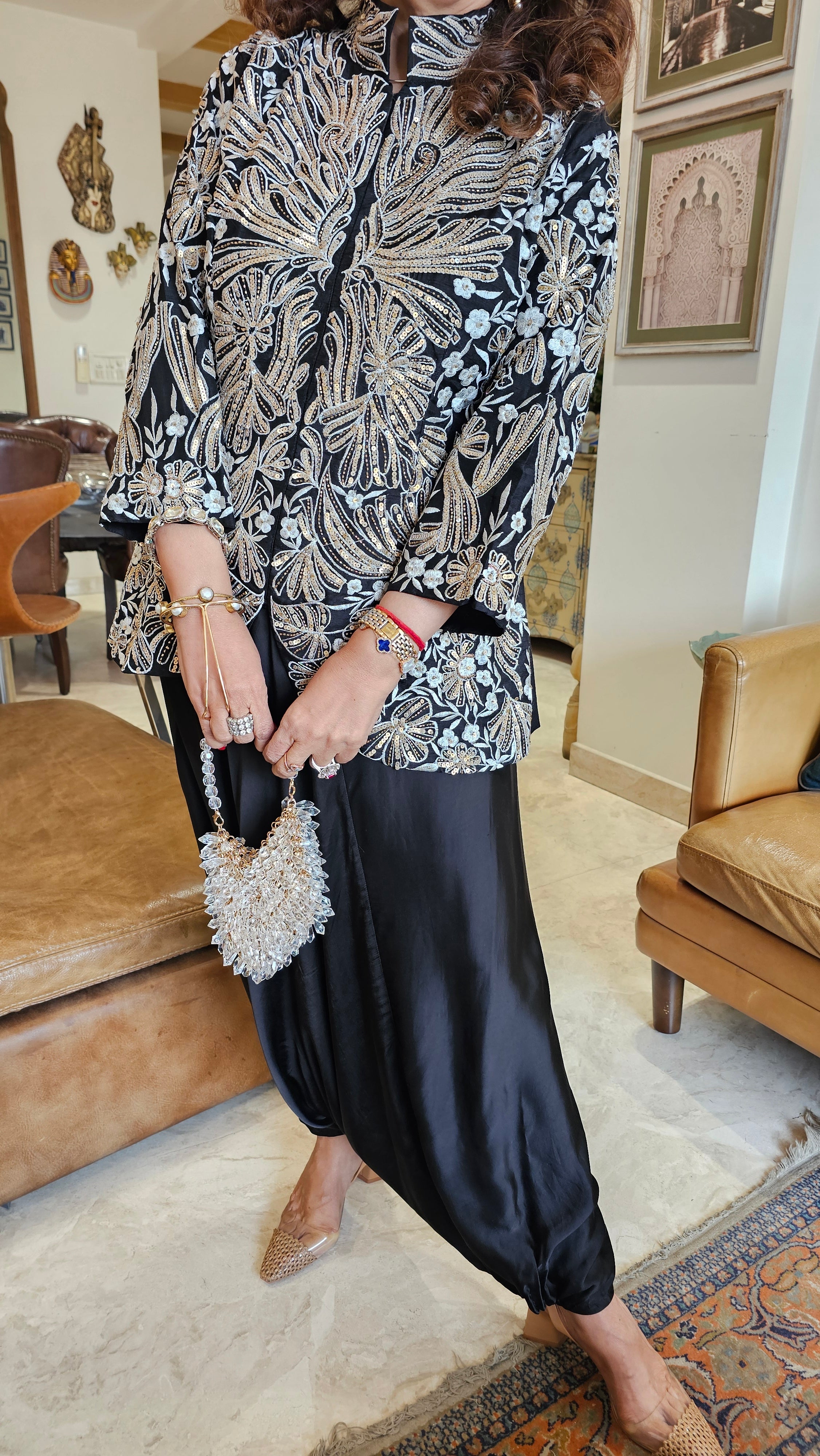 Adorable Silk & Satin Machine and Hand Embroidered Top With Satin Drop Crotch Pants