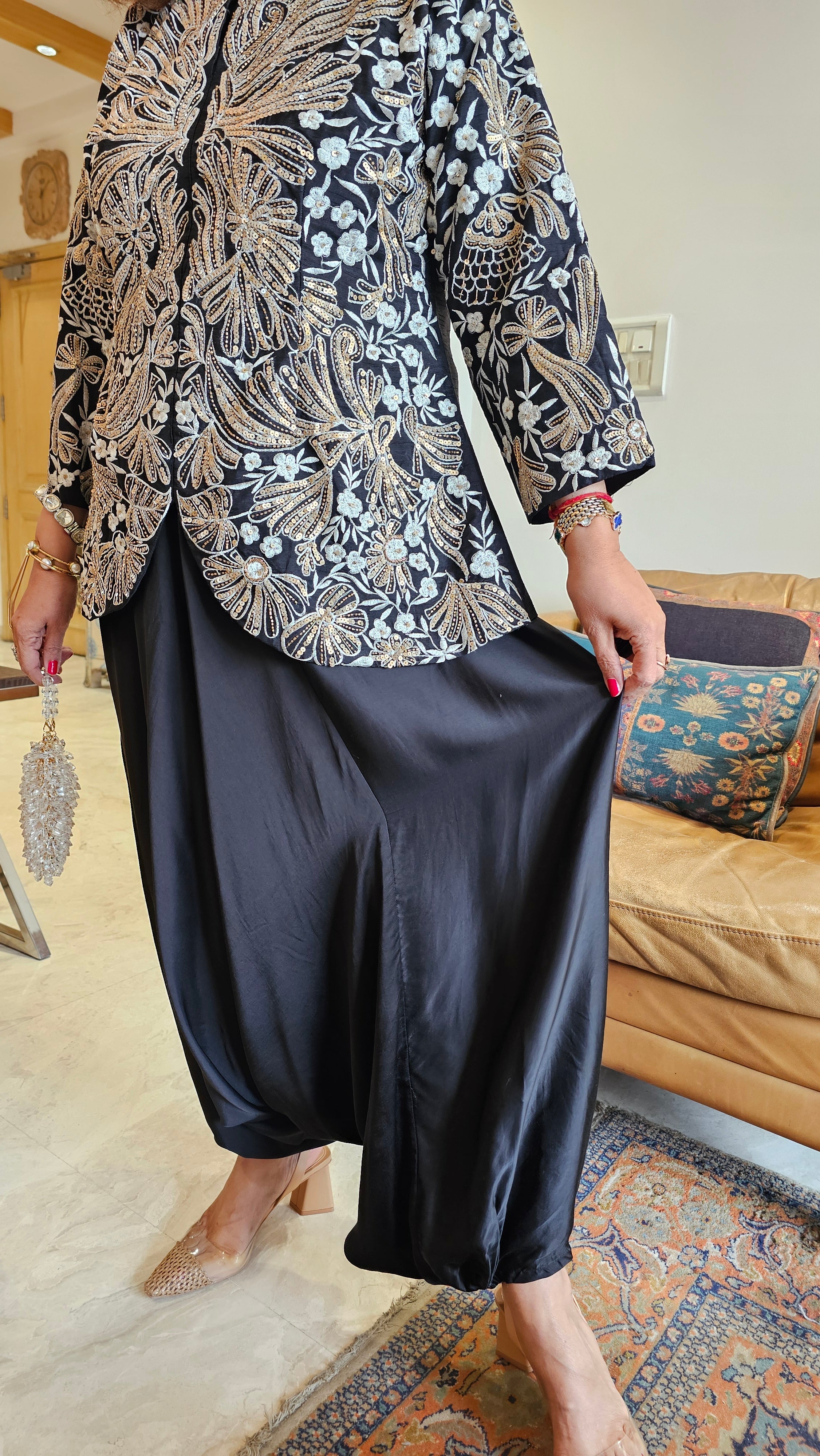 Adorable Silk & Satin Machine and Hand Embroidered Top With Satin Drop Crotch Pants