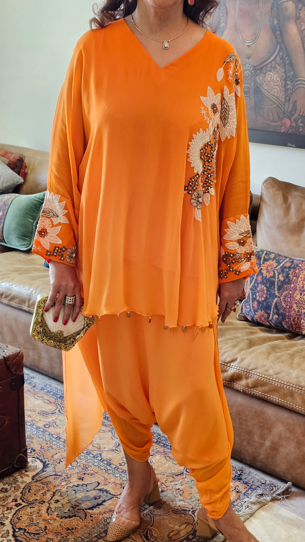 Beautiful Floral Patch Work With Hand Embroidery A Symmetric Kurta & Drop Crotch Pants