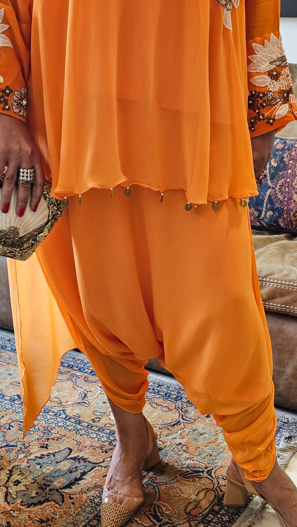 Beautiful Floral Patch Work With Hand Embroidery A Symmetric Kurta & Drop Crotch Pants