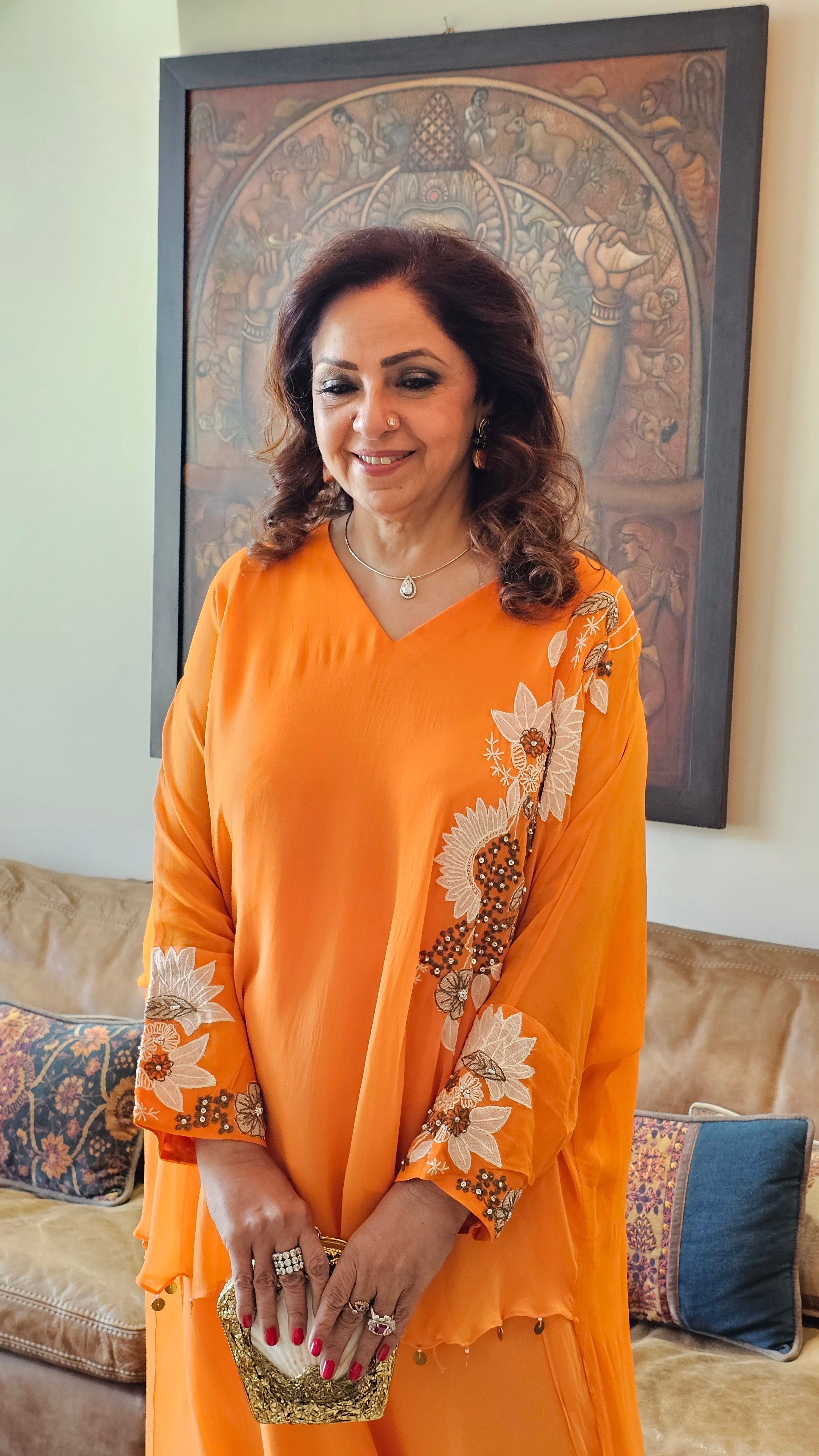 Beautiful Floral Patch Work With Hand Embroidery A Symmetric Kurta & Drop Crotch Pants