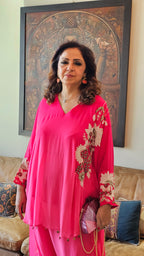 Beautiful Floral Patch Work With Hand Embroidery A Symmetric Kurta & Drop Crotch Pants