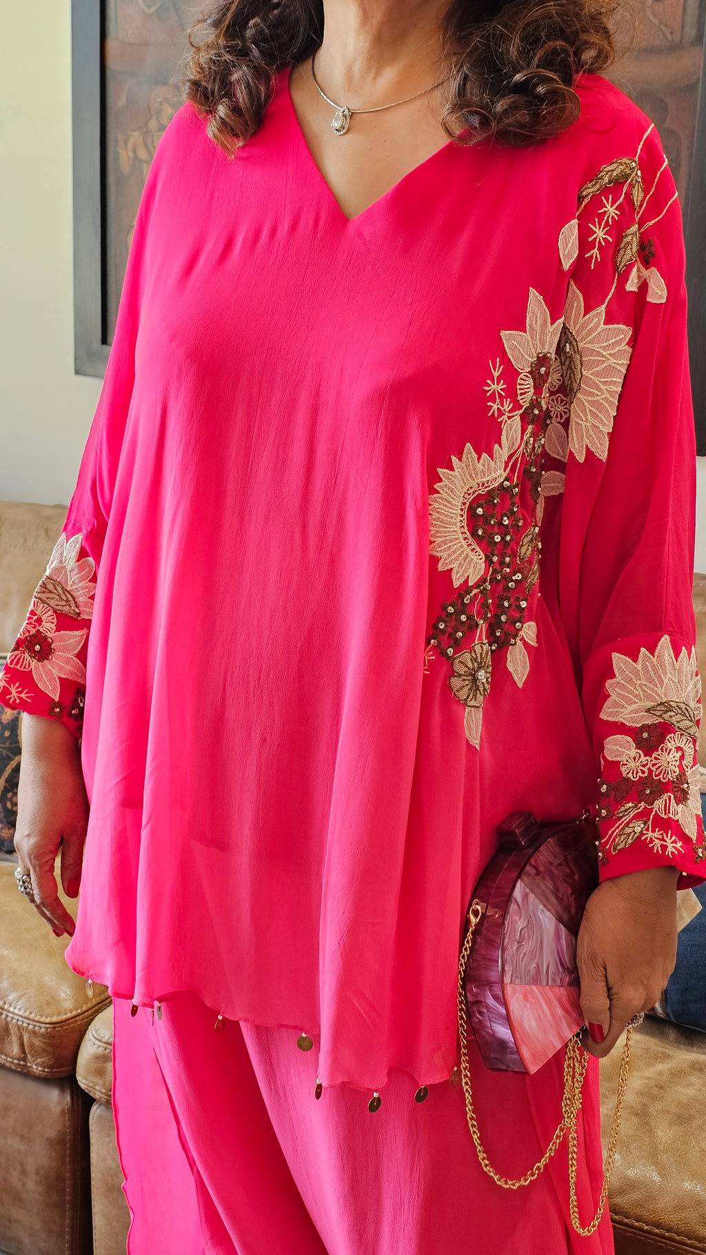 Beautiful Floral Patch Work With Hand Embroidery A Symmetric Kurta & Drop Crotch Pants