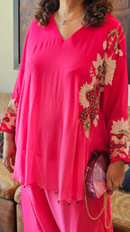 Beautiful Floral Patch Work With Hand Embroidery A Symmetric Kurta & Drop Crotch Pants