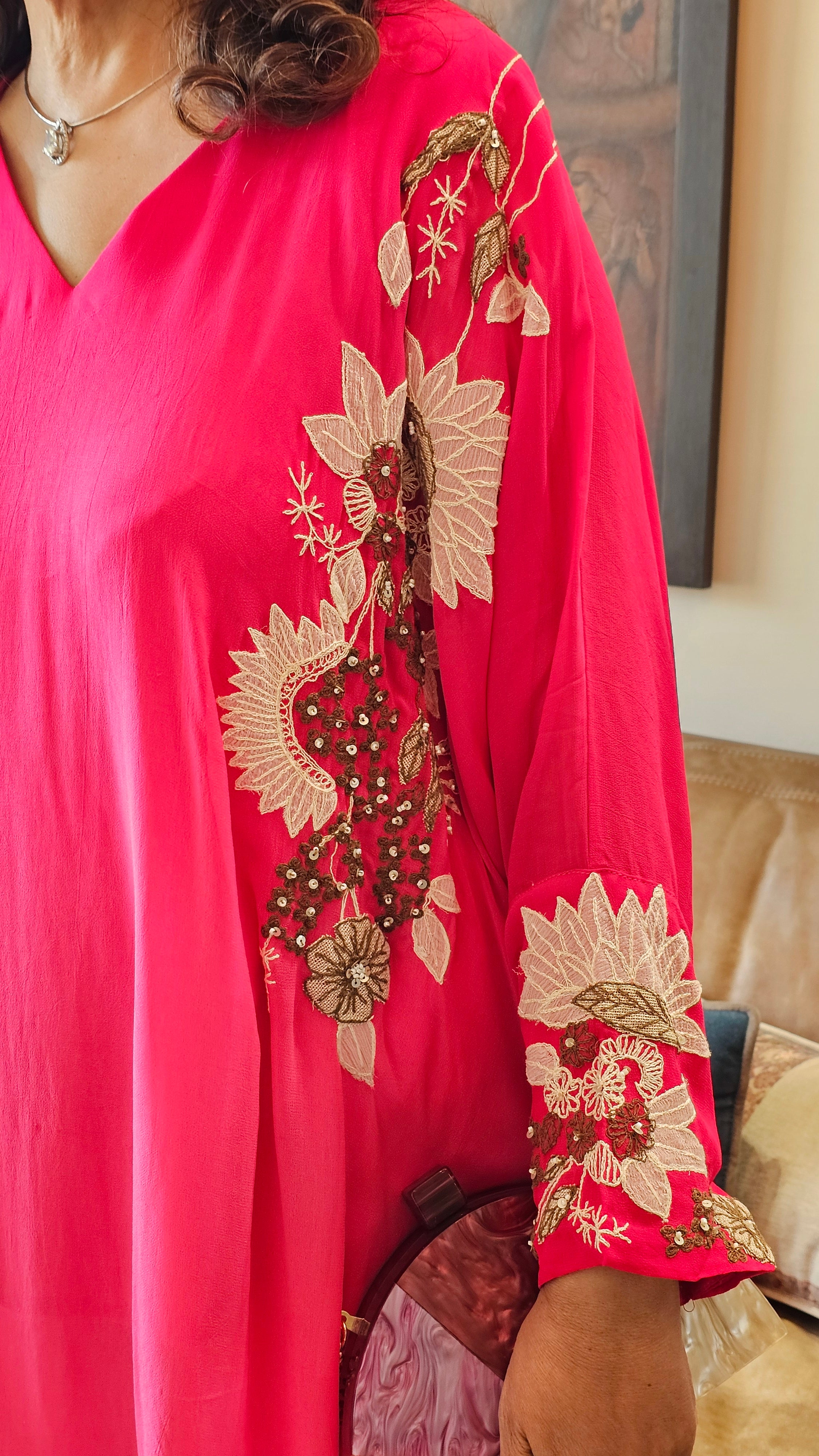 Beautiful Floral Patch Work With Hand Embroidery A Symmetric Kurta & Drop Crotch Pants