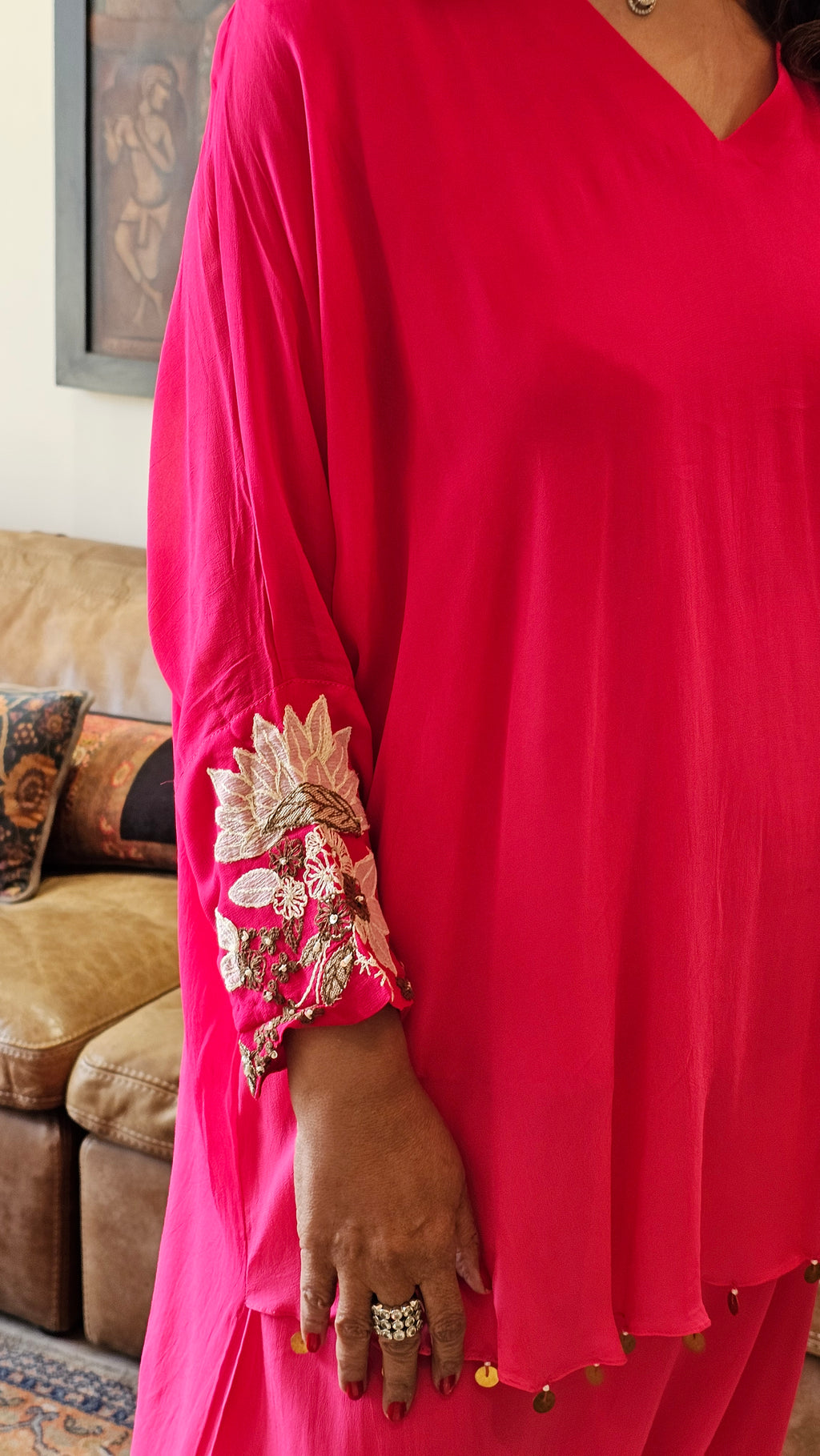 Beautiful Floral Patch Work With Hand Embroidery A Symmetric Kurta & Drop Crotch Pants