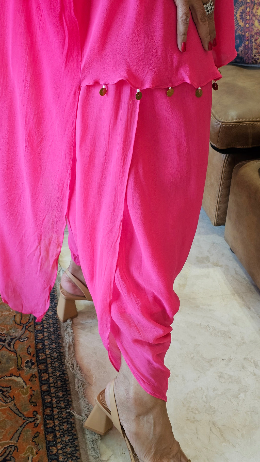 Beautiful Floral Patch Work With Hand Embroidery A Symmetric Kurta & Drop Crotch Pants