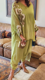 Beautiful Floral Patch Work With Hand Embroidery A Symmetric Kurta & Drop Crotch Pants