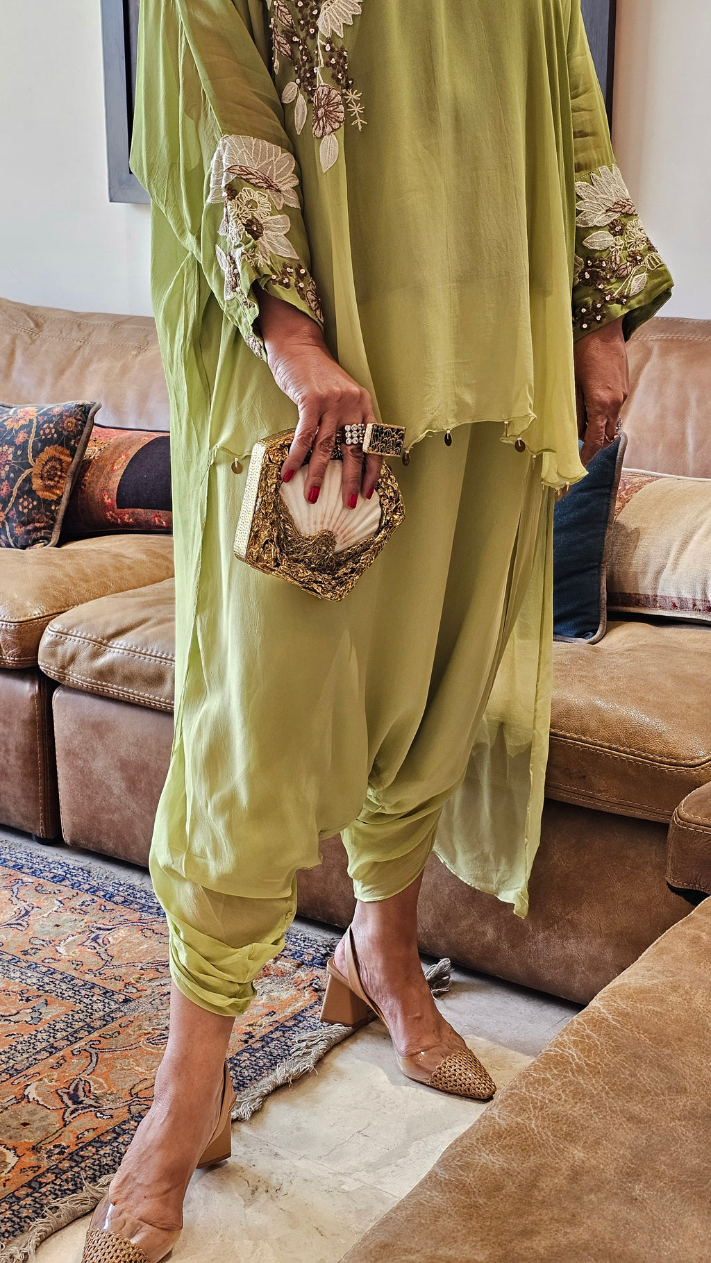 Beautiful Floral Patch Work With Hand Embroidery A Symmetric Kurta & Drop Crotch Pants