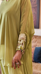 Beautiful Floral Patch Work With Hand Embroidery A Symmetric Kurta & Drop Crotch Pants