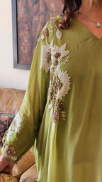 Beautiful Floral Patch Work With Hand Embroidery A Symmetric Kurta & Drop Crotch Pants