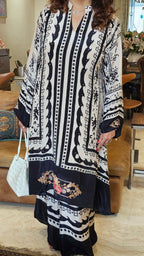 Stunning Digital Printed Aari Sippi Embroidery on Kurta With Digital Printed Bottom