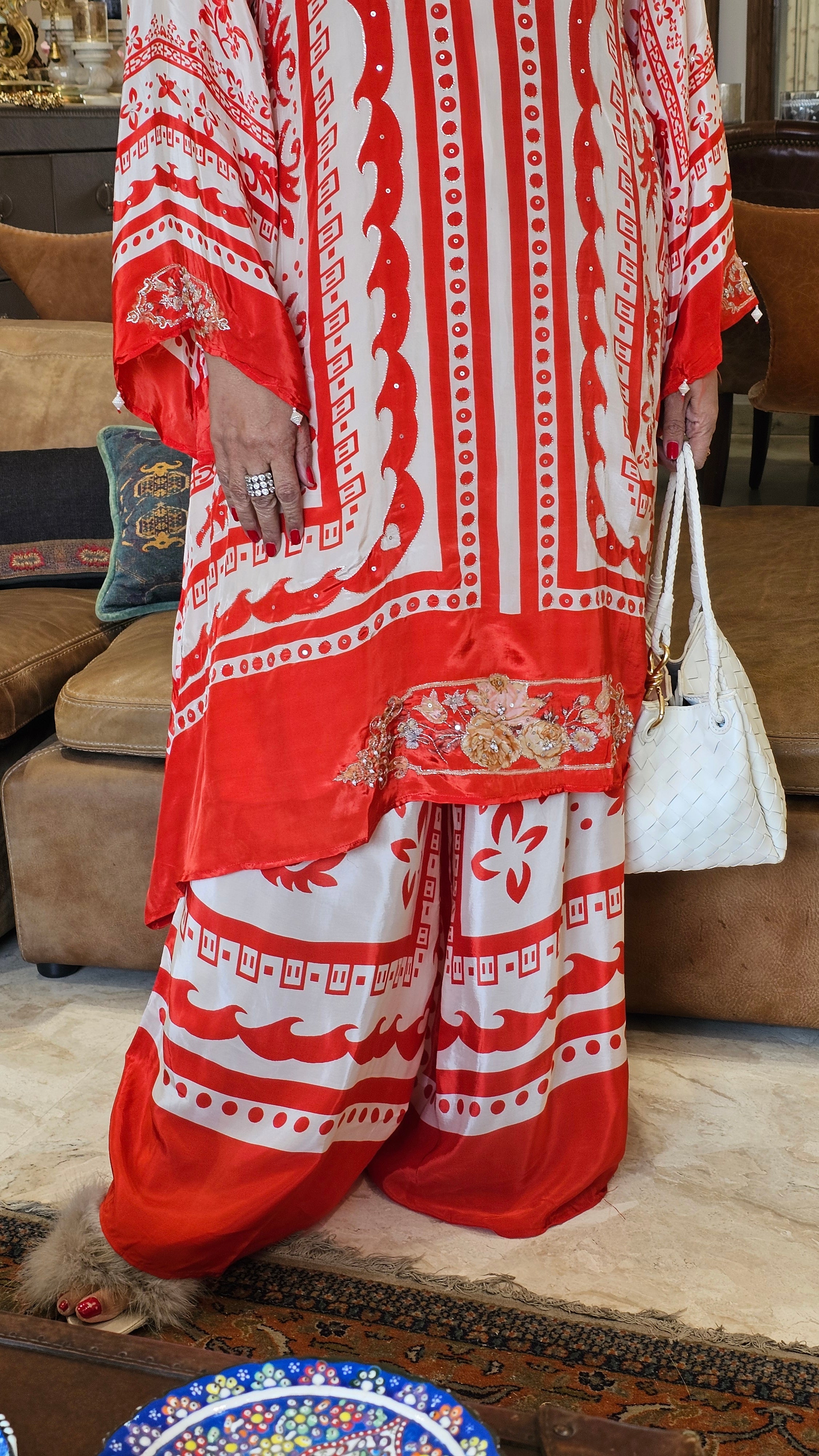 Stunning Digital Printed Aari Sippi Embroidery on Kurta With Digital Printed Bottom
