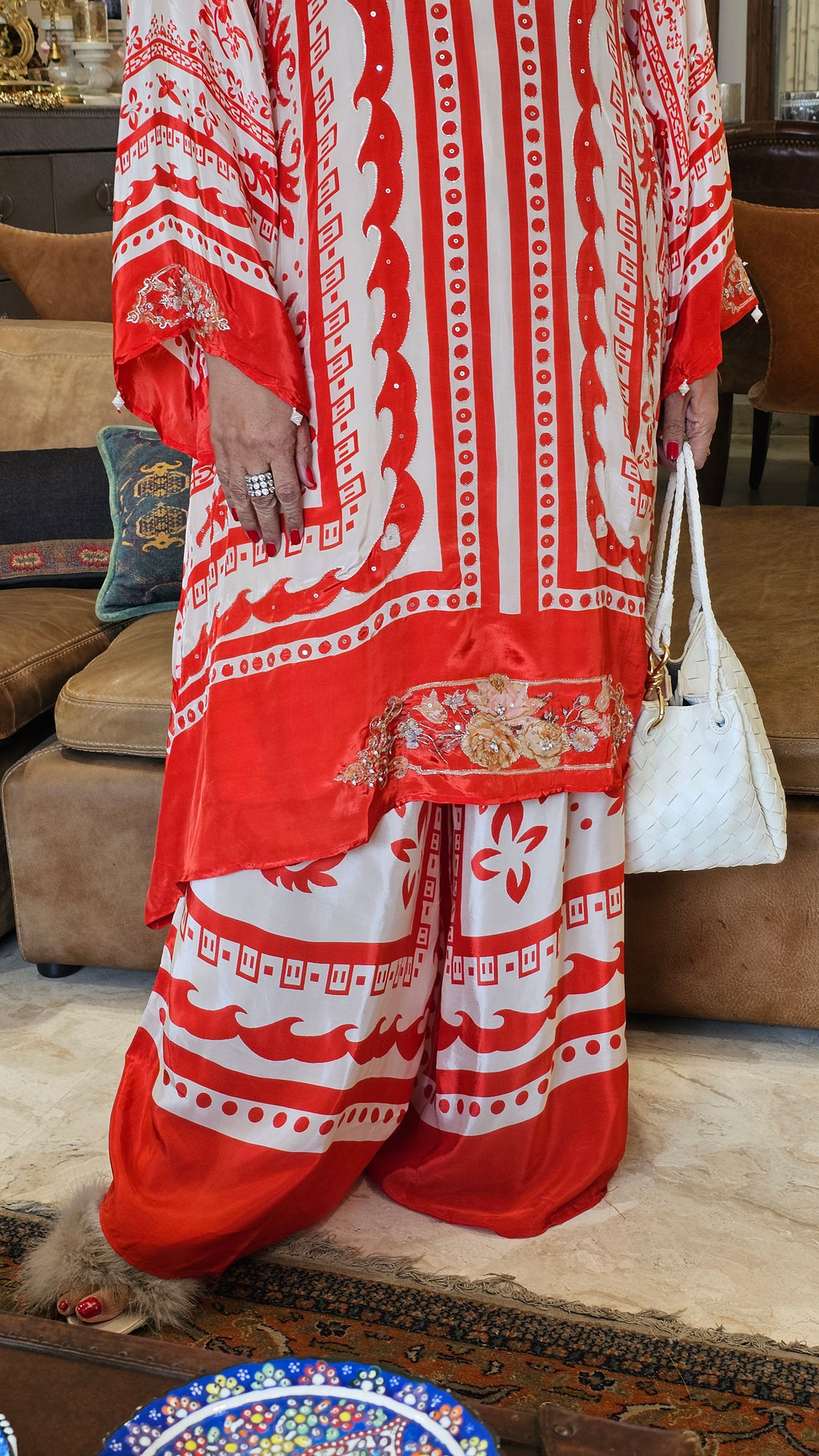 Stunning Digital Printed Aari Sippi Embroidery on Kurta With Digital Printed Bottom