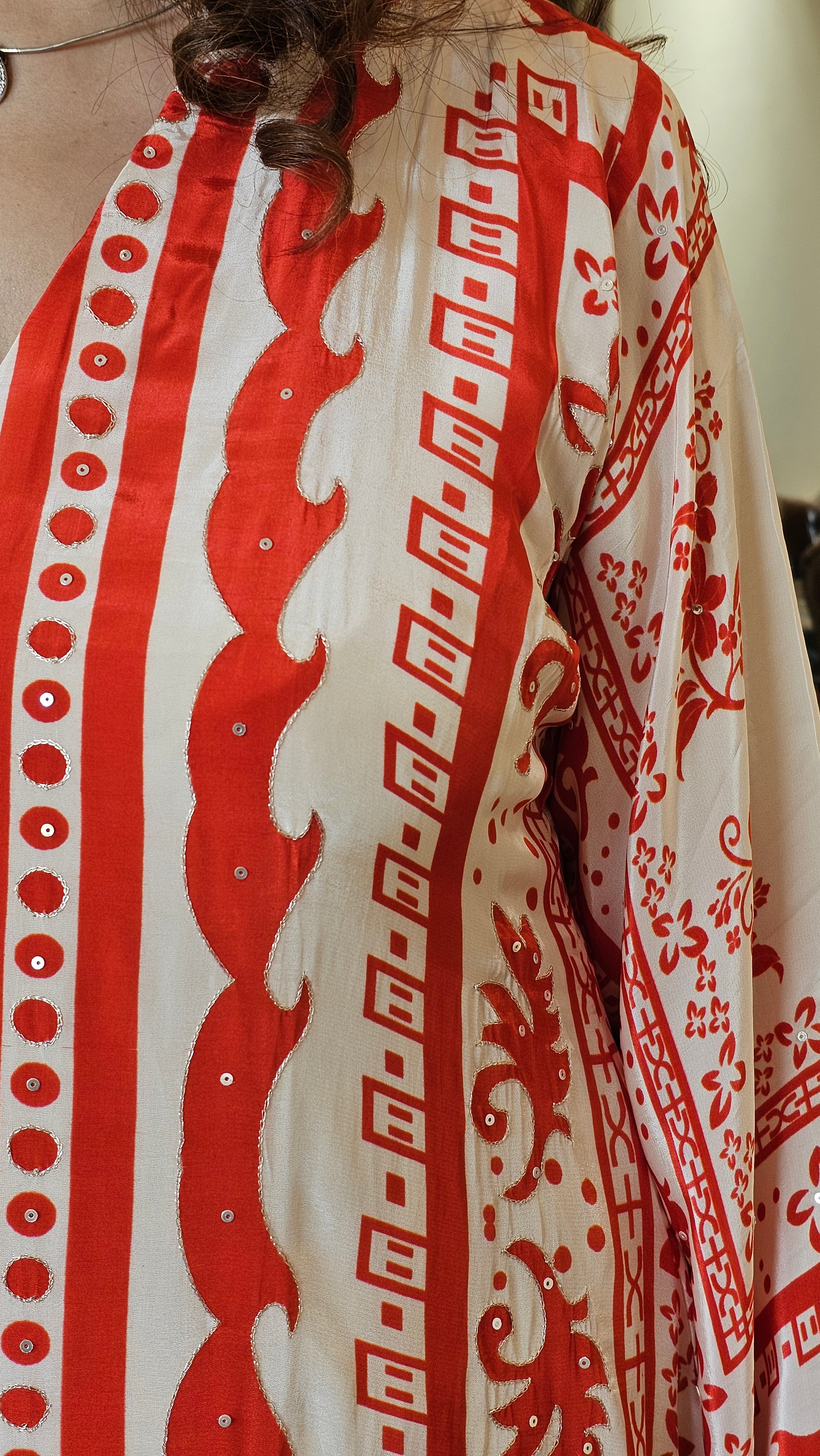 Stunning Digital Printed Aari Sippi Embroidery on Kurta With Digital Printed Bottom