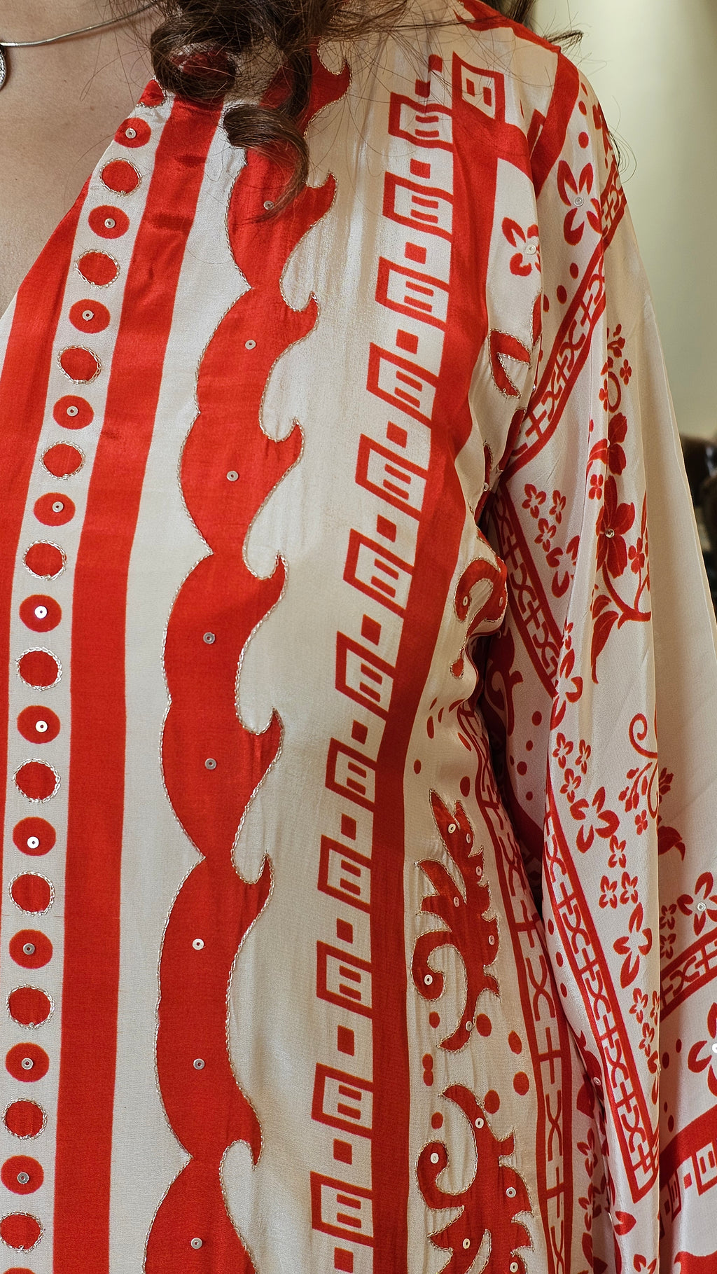 Stunning Digital Printed Aari Sippi Embroidery on Kurta With Digital Printed Bottom