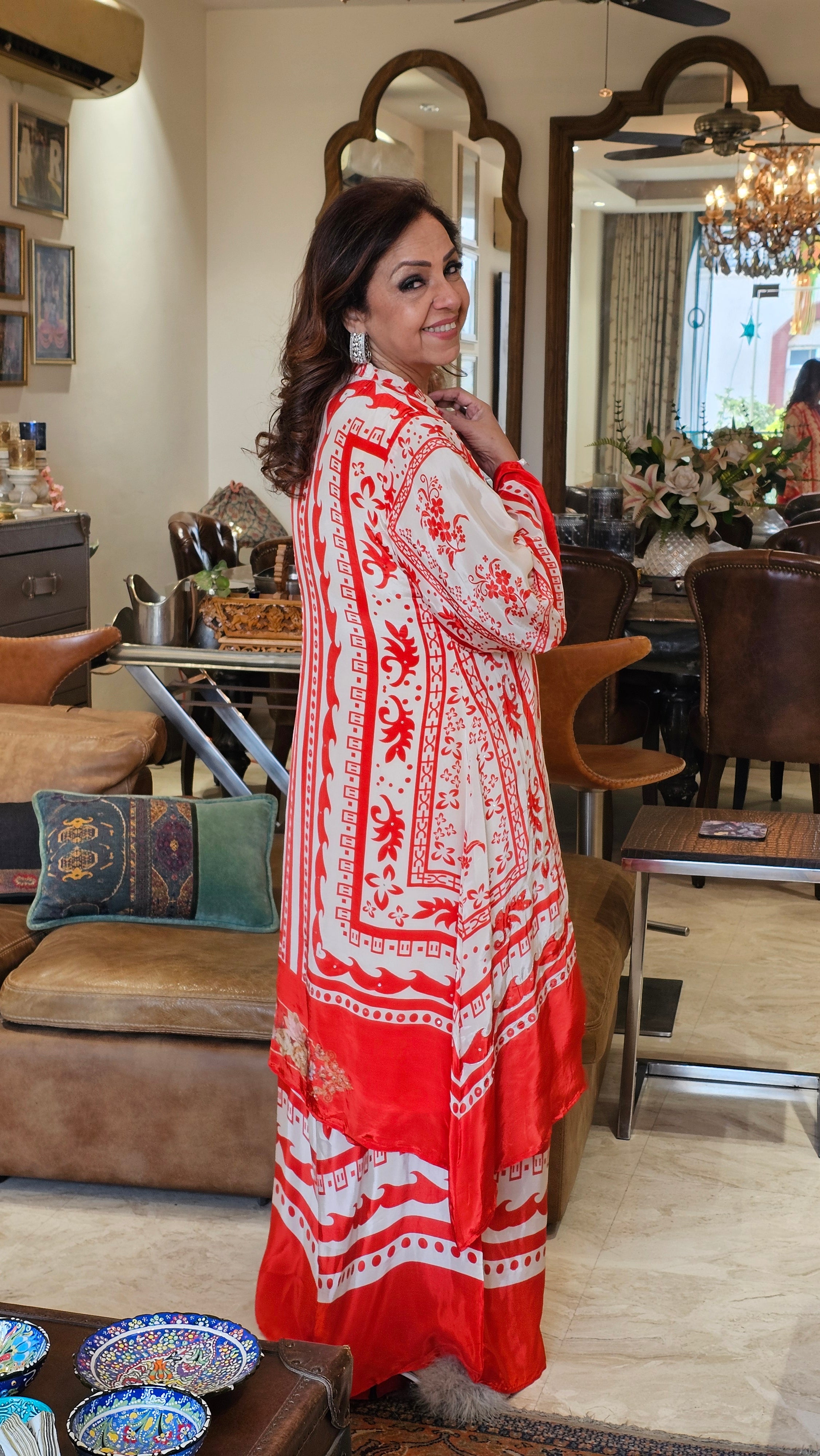 Stunning Digital Printed Aari Sippi Embroidery on Kurta With Digital Printed Bottom
