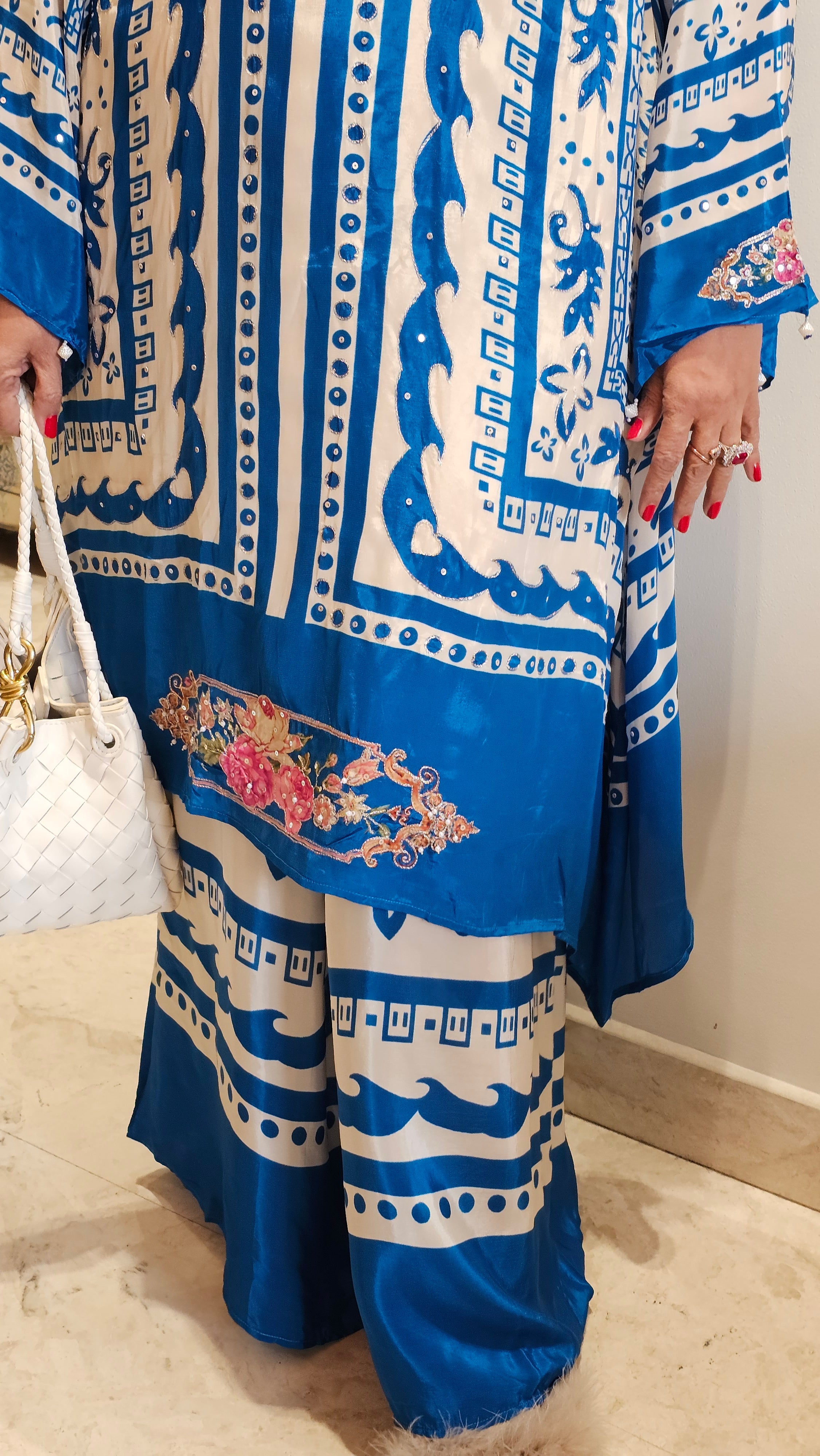 Stunning Digital Printed Aari Sippi Embroidery on Kurta With Digital Printed Bottom