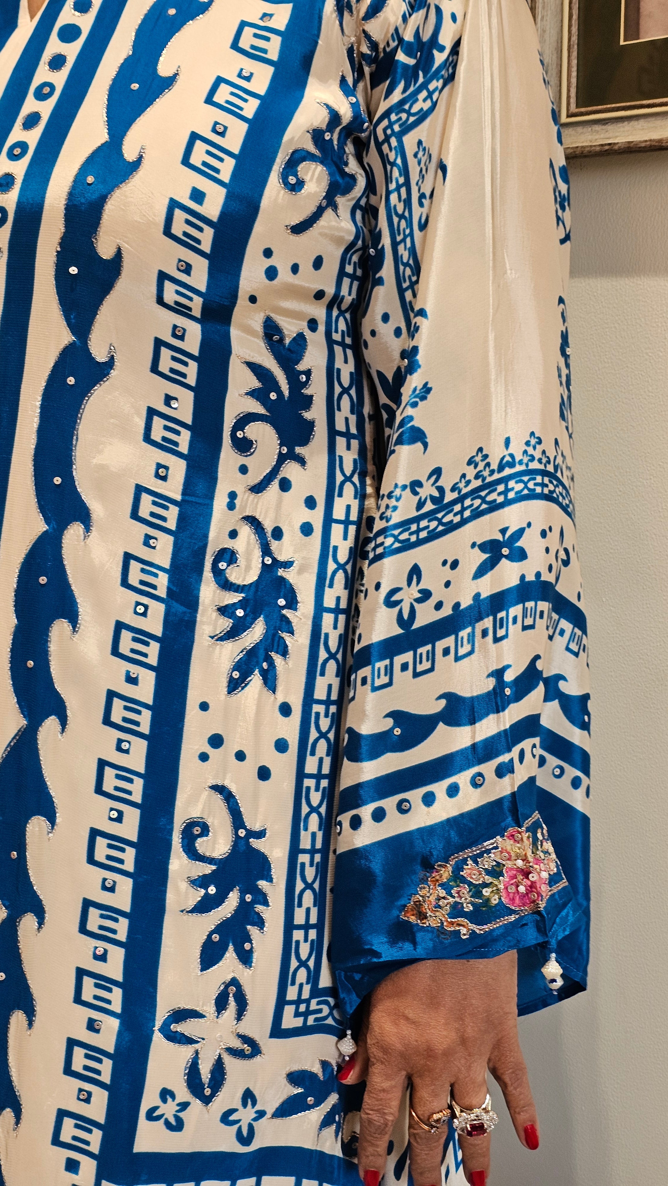 Stunning Digital Printed Aari Sippi Embroidery on Kurta With Digital Printed Bottom