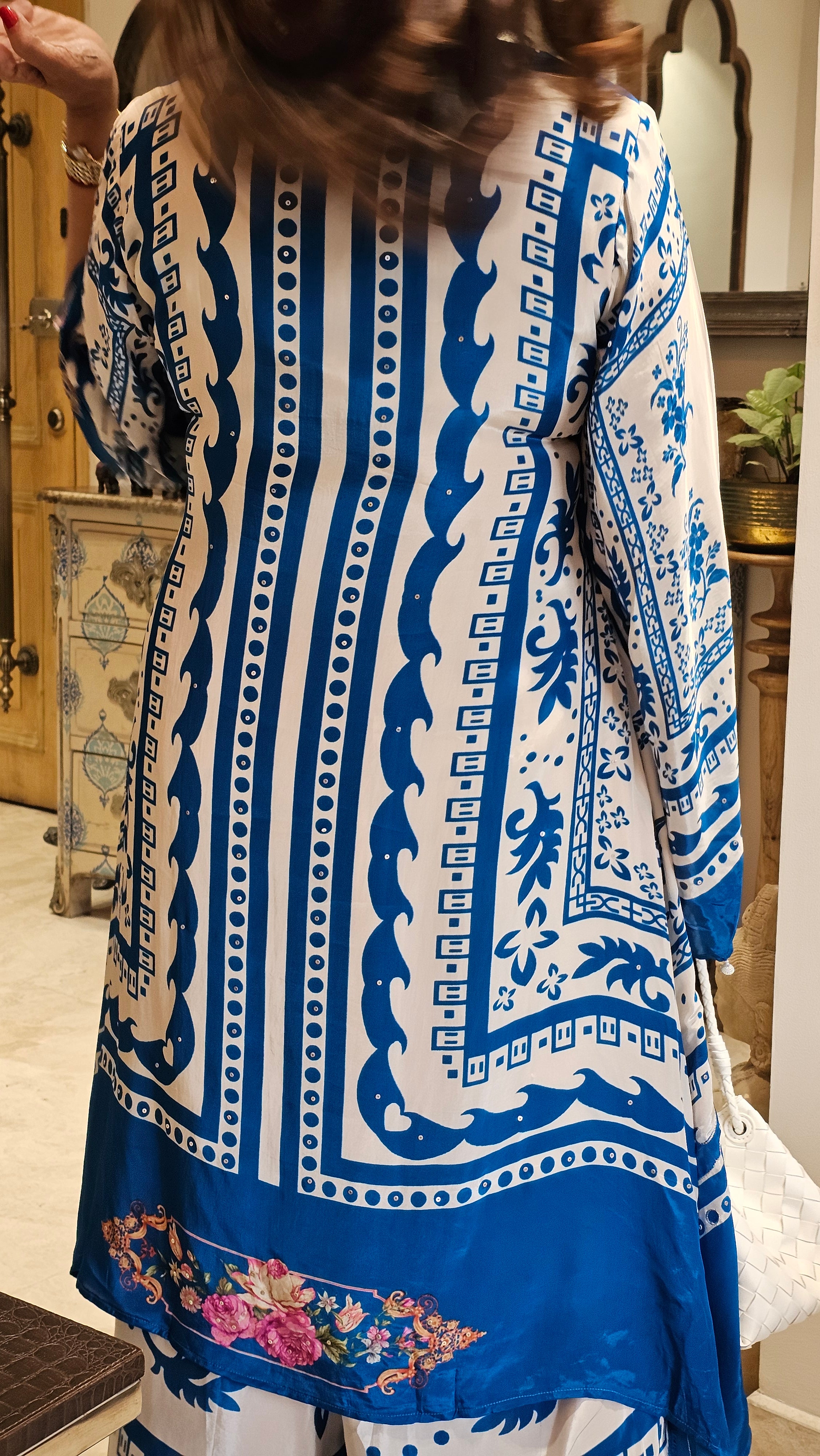 Stunning Digital Printed Aari Sippi Embroidery on Kurta With Digital Printed Bottom