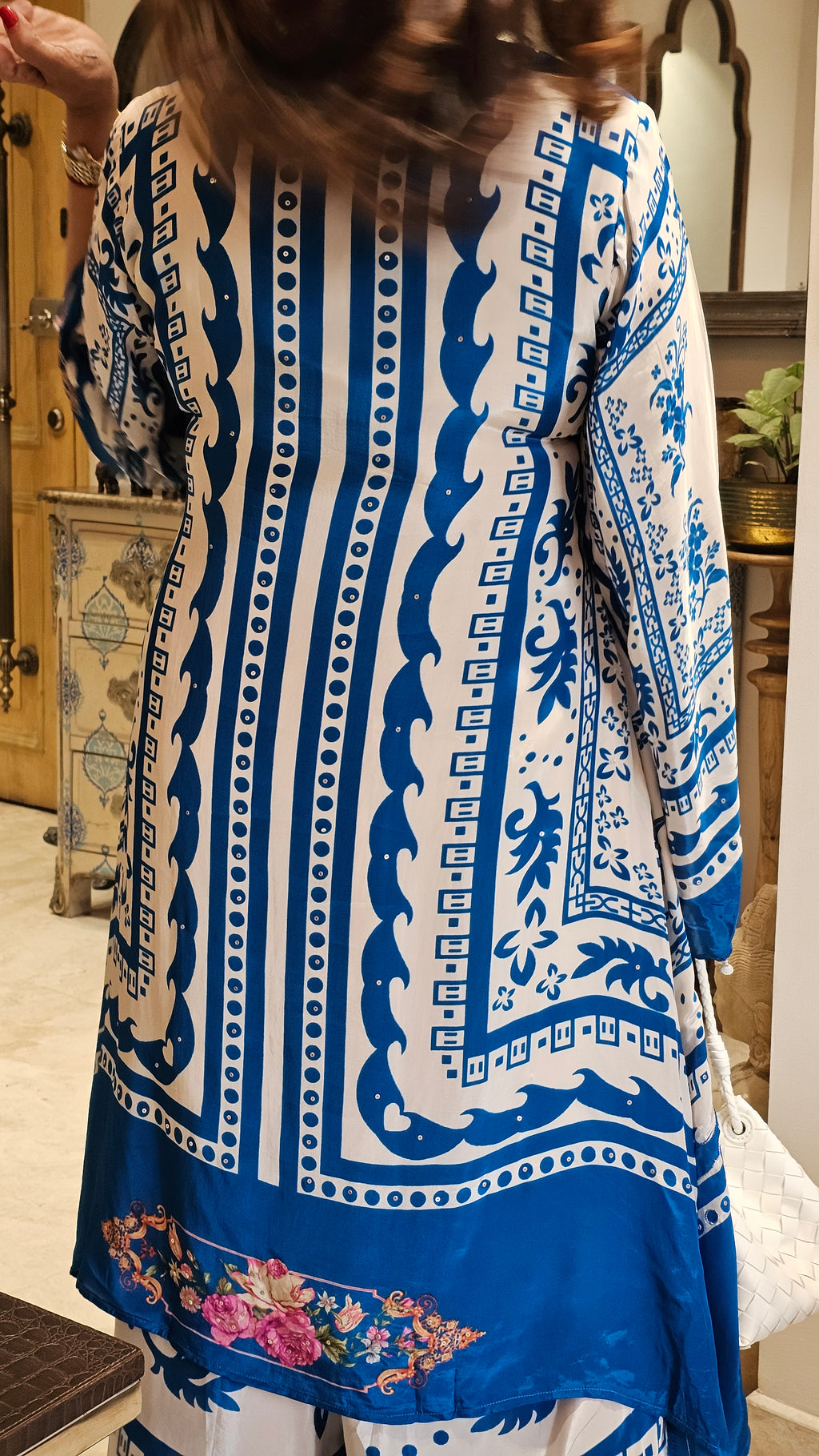Stunning Digital Printed Aari Sippi Embroidery on Kurta With Digital Printed Bottom