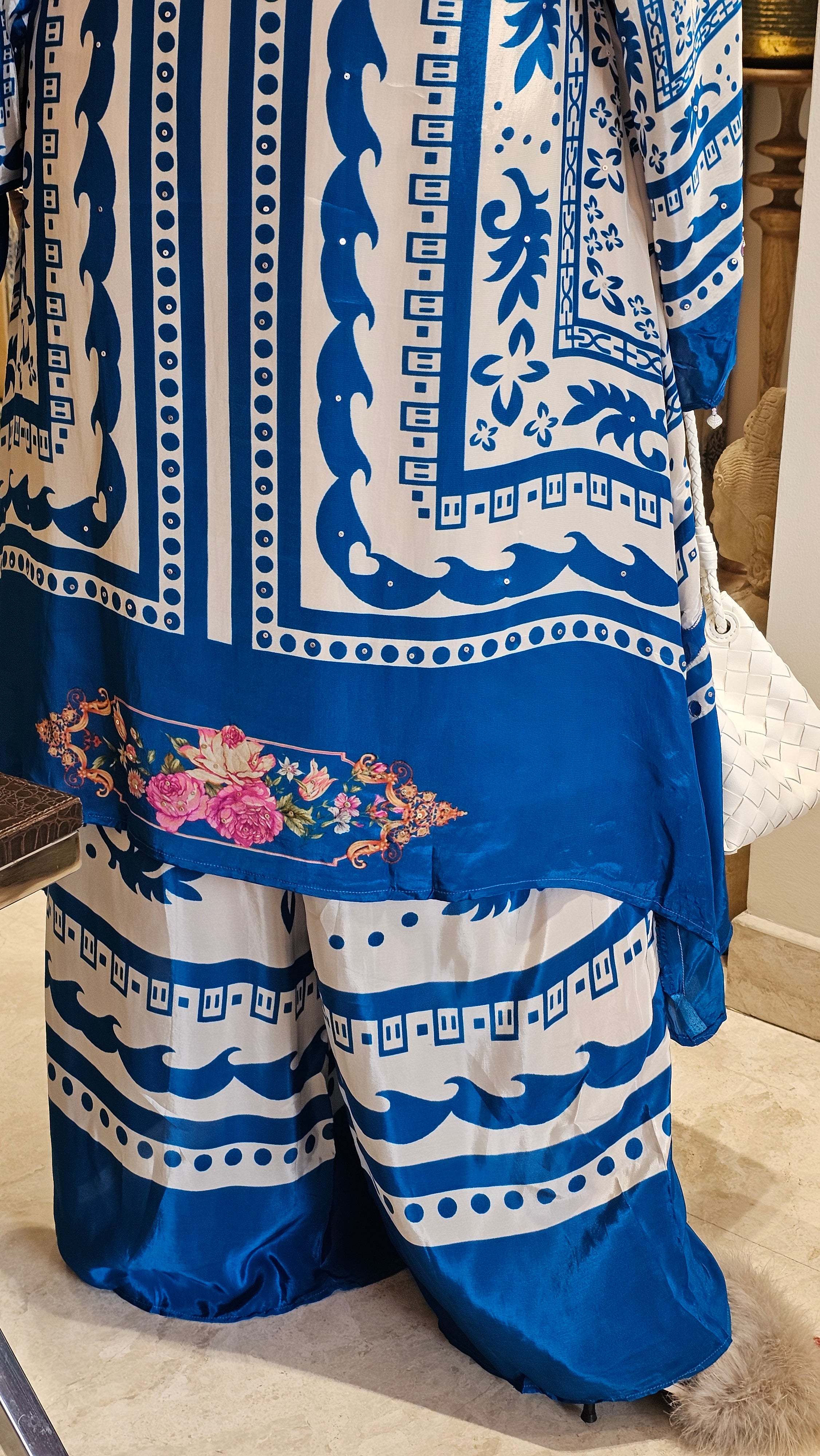 Stunning Digital Printed Aari Sippi Embroidery on Kurta With Digital Printed Bottom
