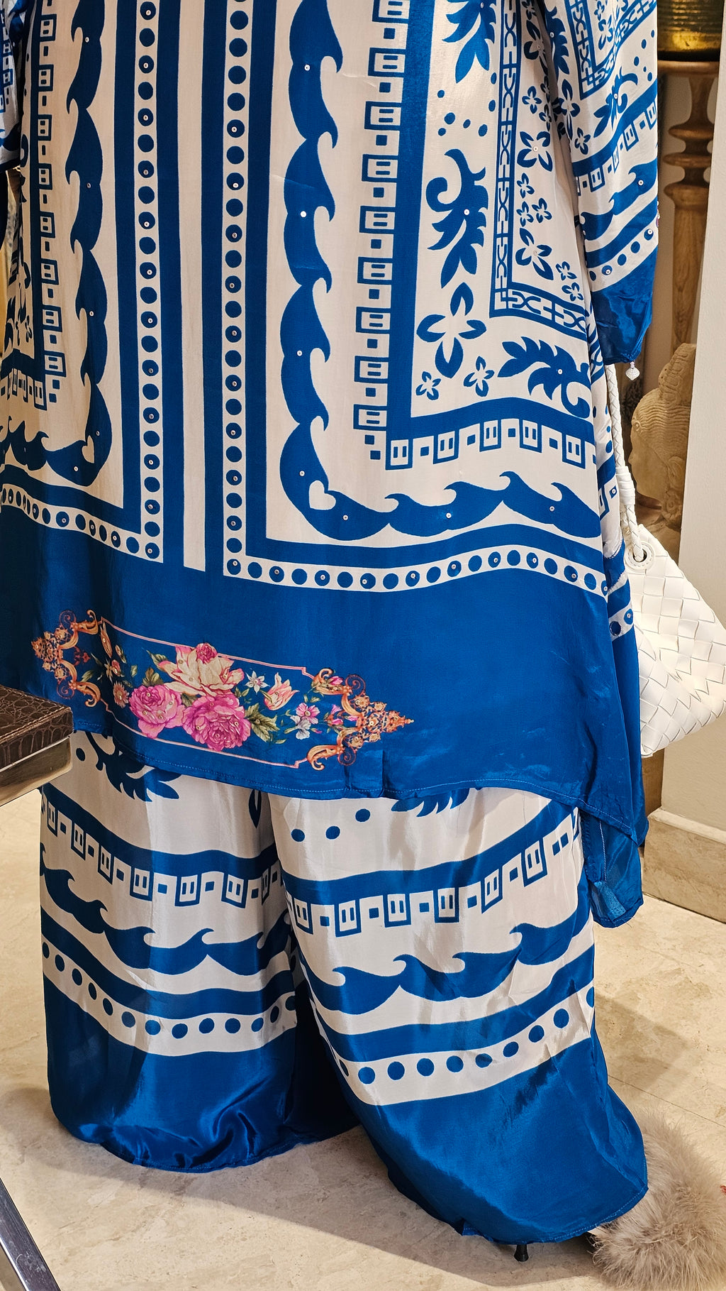 Stunning Digital Printed Aari Sippi Embroidery on Kurta With Digital Printed Bottom