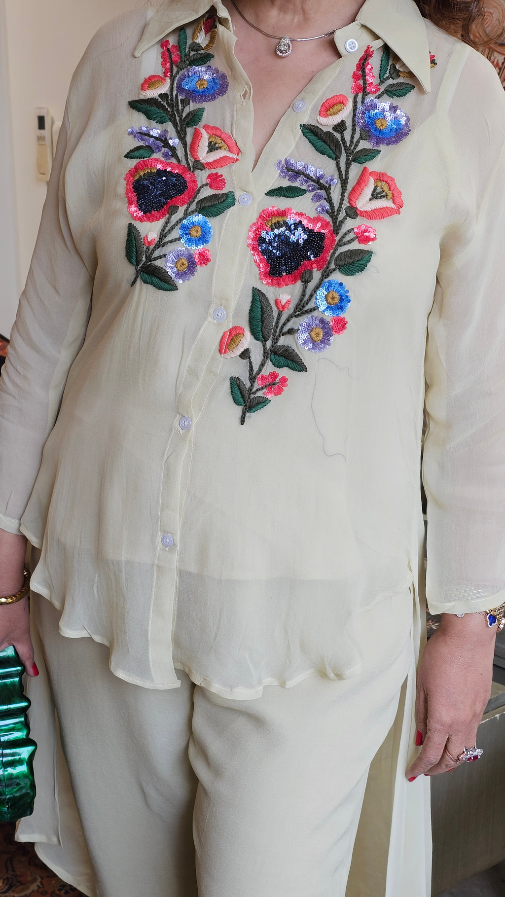 Beautiful Georgette Hand Embroidered a Symmetric Top With Pants