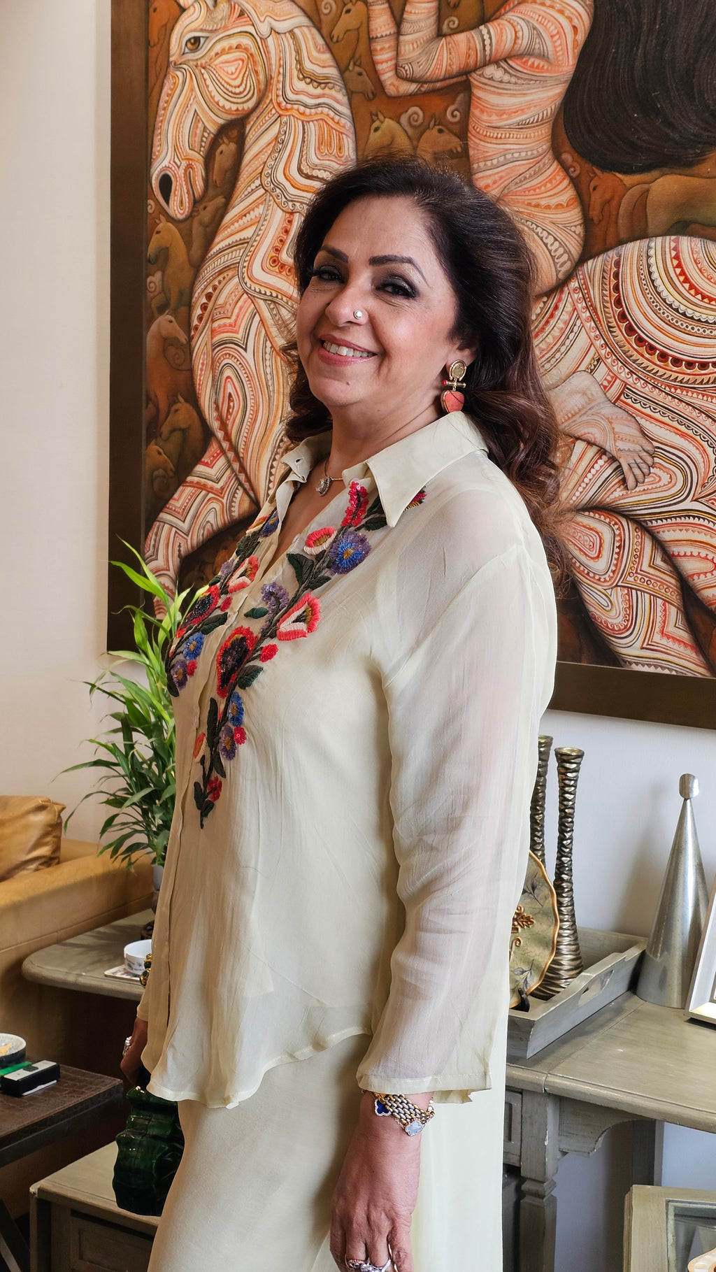 Beautiful Georgette Hand Embroidered a Symmetric Top With Pants