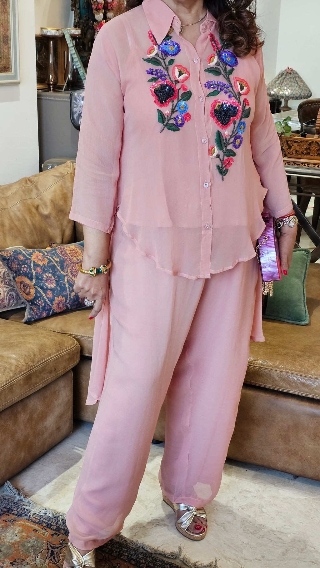 Beautiful Georgette Hand Embroidered a Symmetric Top With Pants