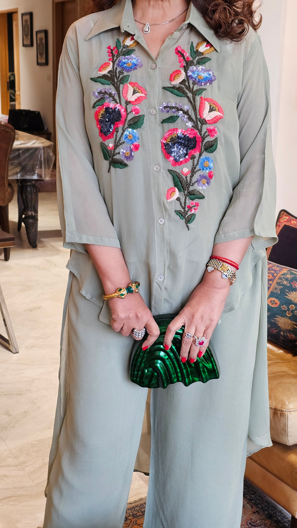 Beautiful Georgette Hand Embroidered a Symmetric Top With Pants