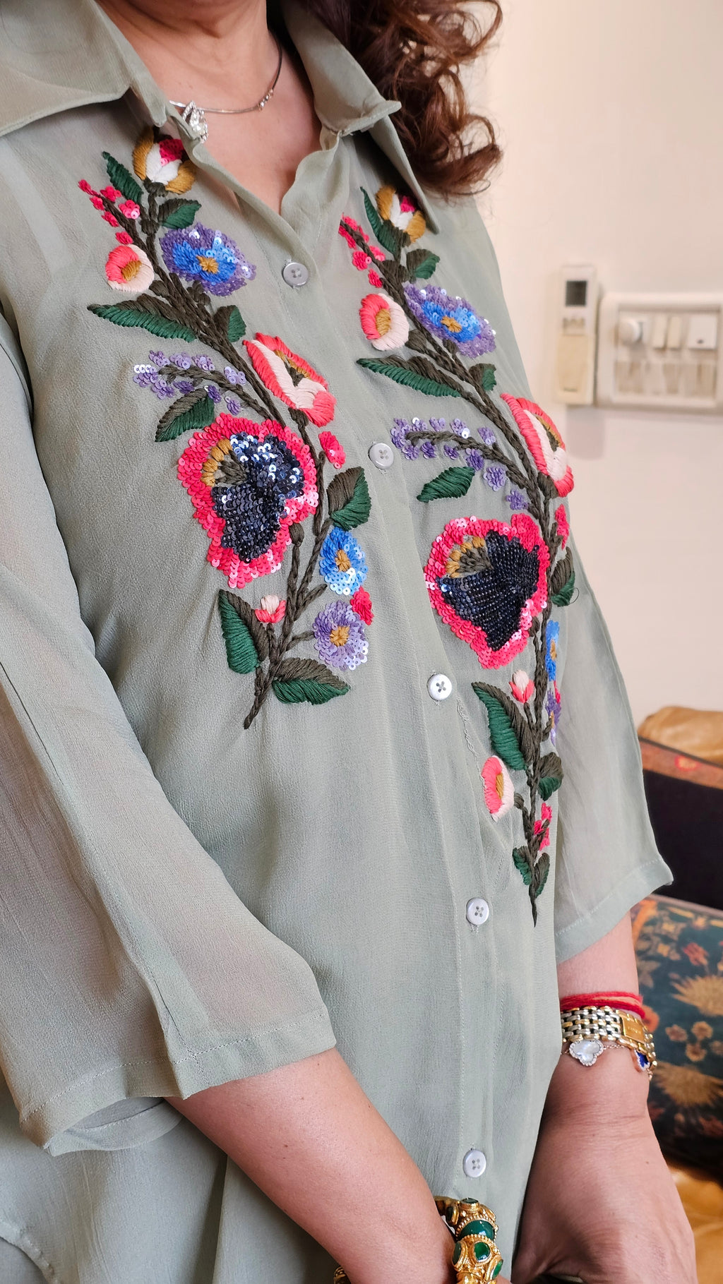 Beautiful Georgette Hand Embroidered a Symmetric Top With Pants