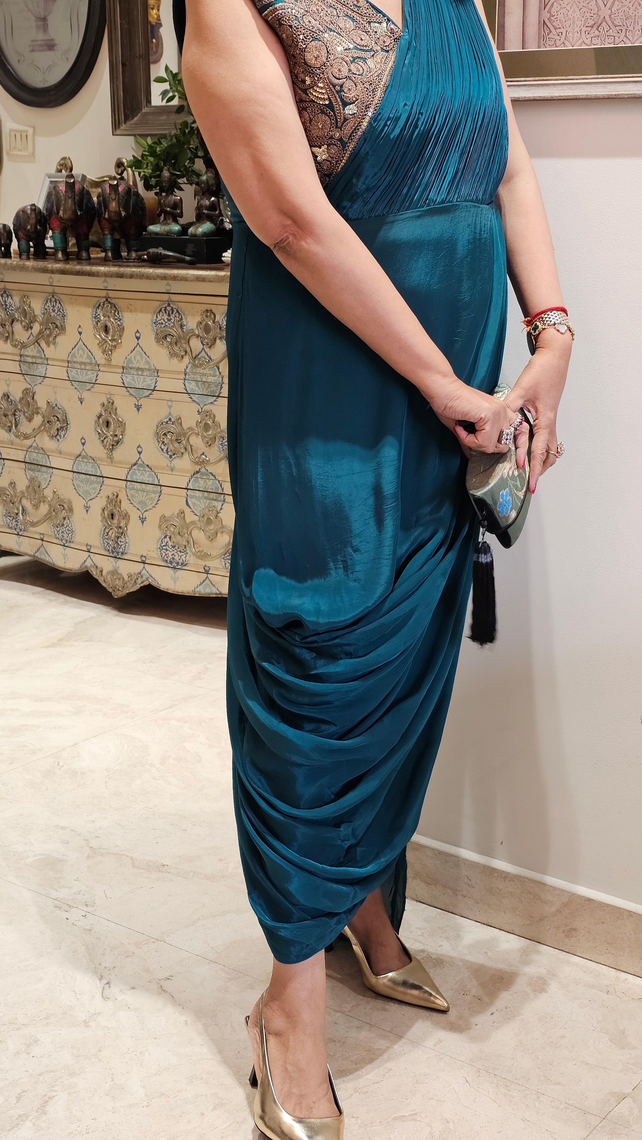 Cleopatra Crape, Drape Dress With Dori and Sequins Work