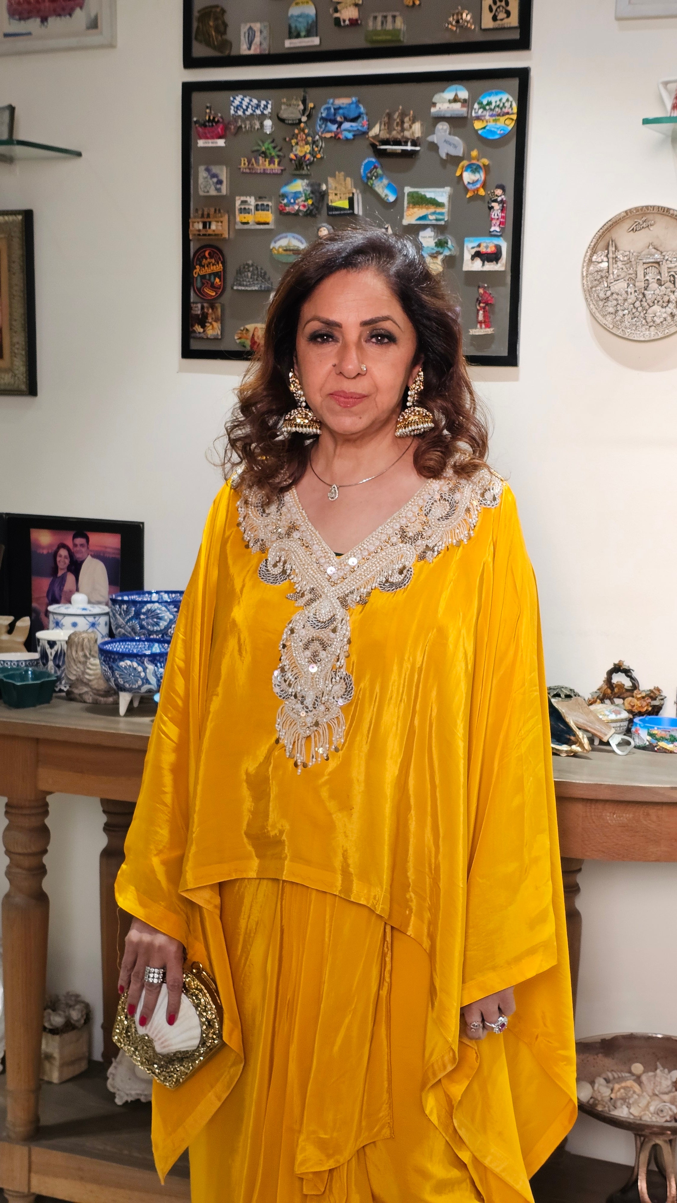 Show Stopper Crape Kaftan Top With Drape Skirt Complete Hand Embroidered Neck Line