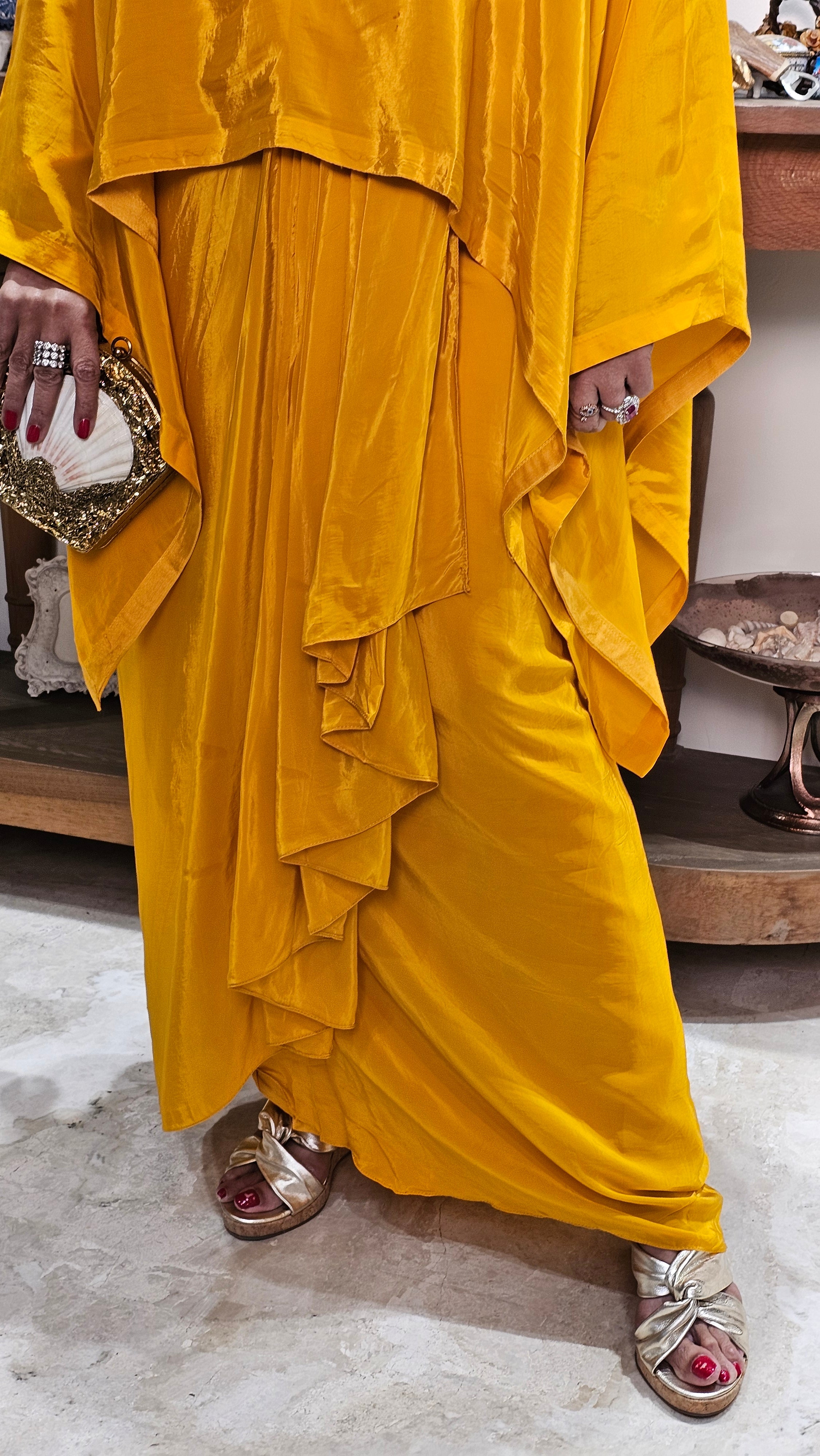 Show Stopper Crape Kaftan Top With Drape Skirt Complete Hand Embroidered Neck Line