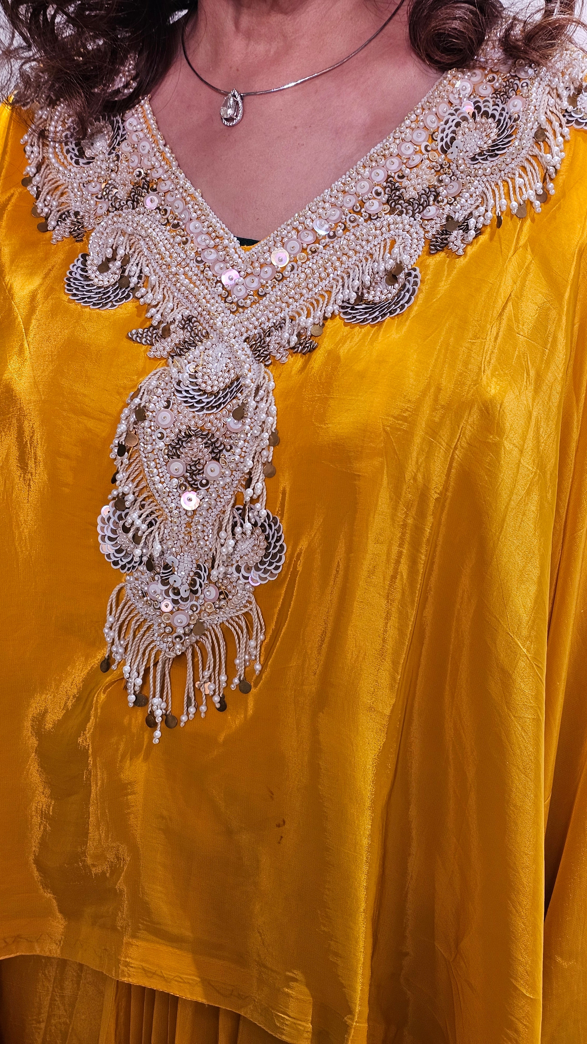 Show Stopper Crape Kaftan Top With Drape Skirt Complete Hand Embroidered Neck Line