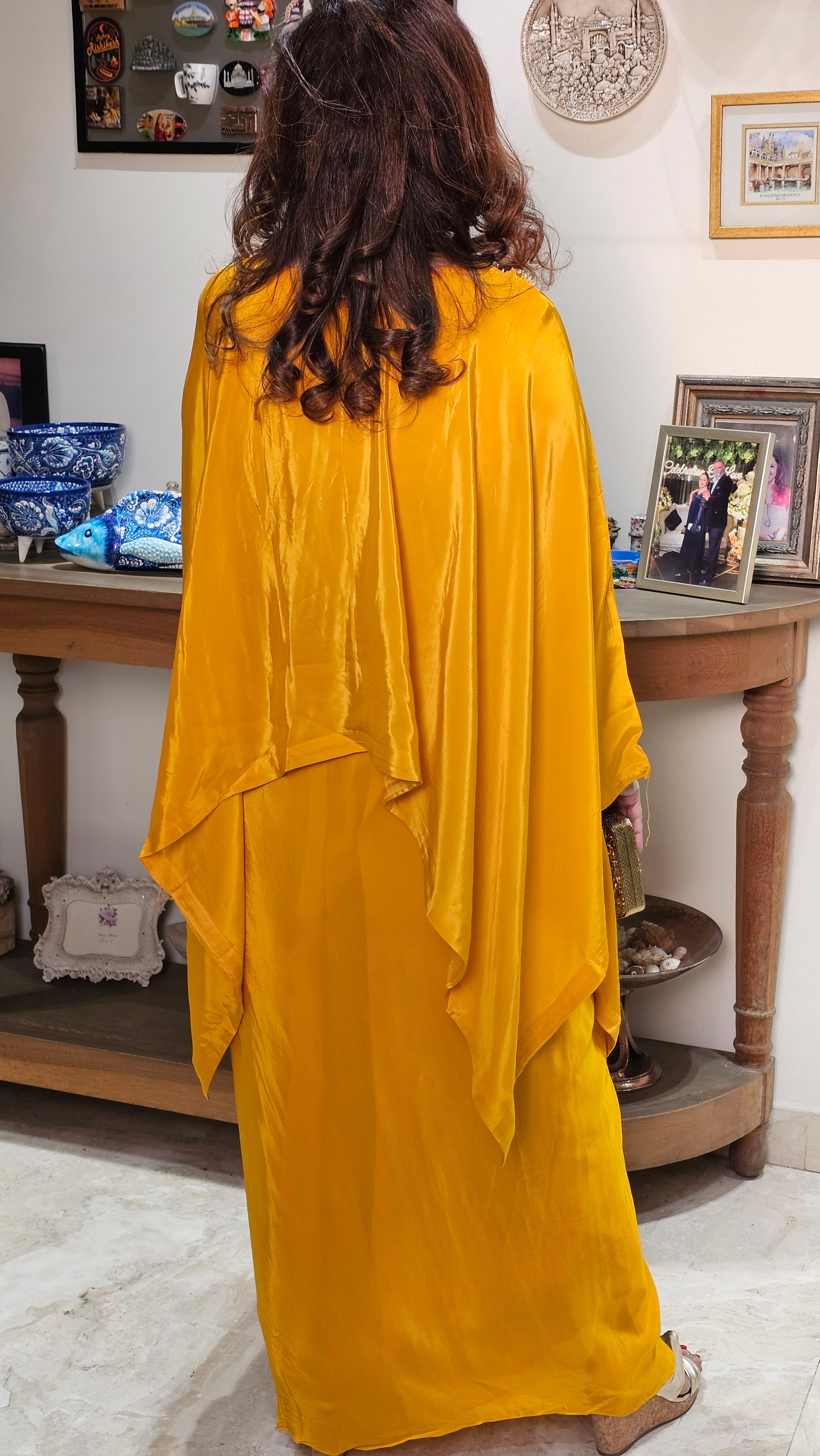 Show Stopper Crape Kaftan Top With Drape Skirt Complete Hand Embroidered Neck Line