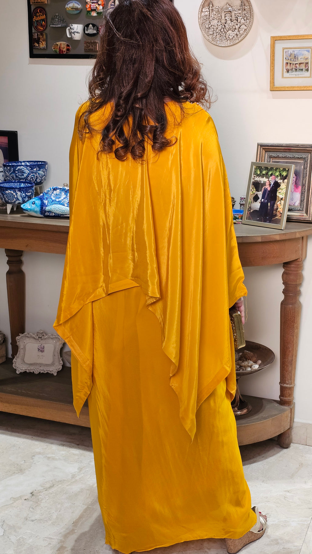 Show Stopper Crape Kaftan Top With Drape Skirt Complete Hand Embroidered Neck Line
