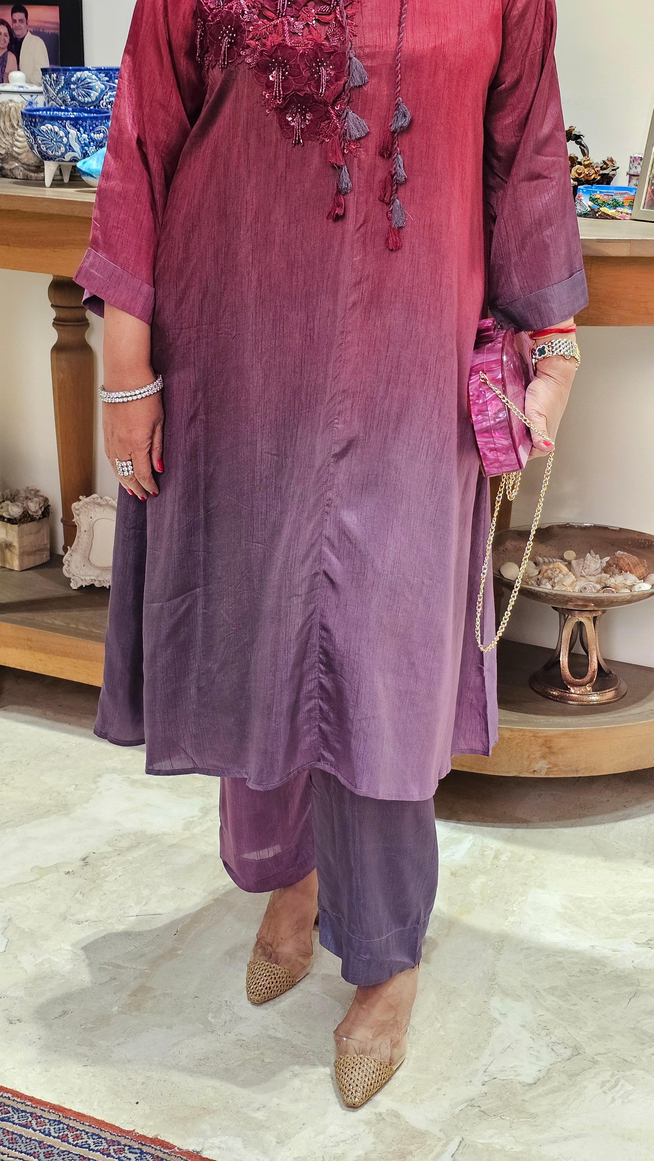 Beautiful Ombre Dyed Silk With Patch Work Hand Embroidery