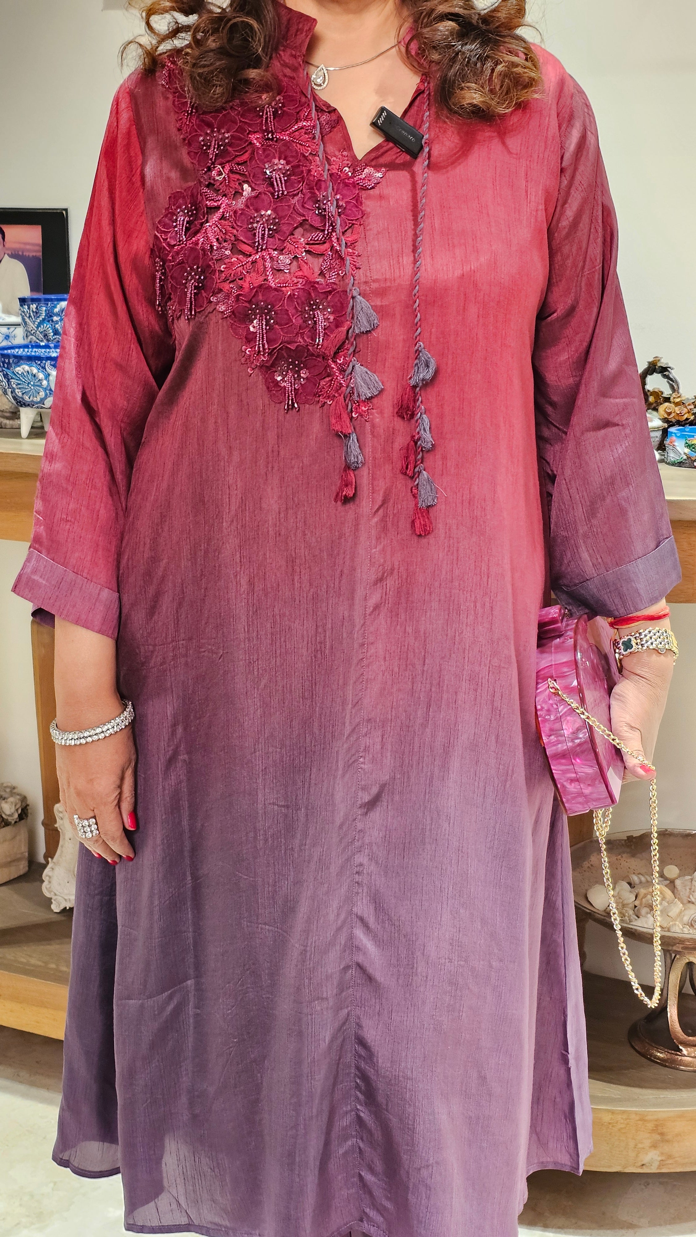 Beautiful Ombre Dyed Silk With Patch Work Hand Embroidery