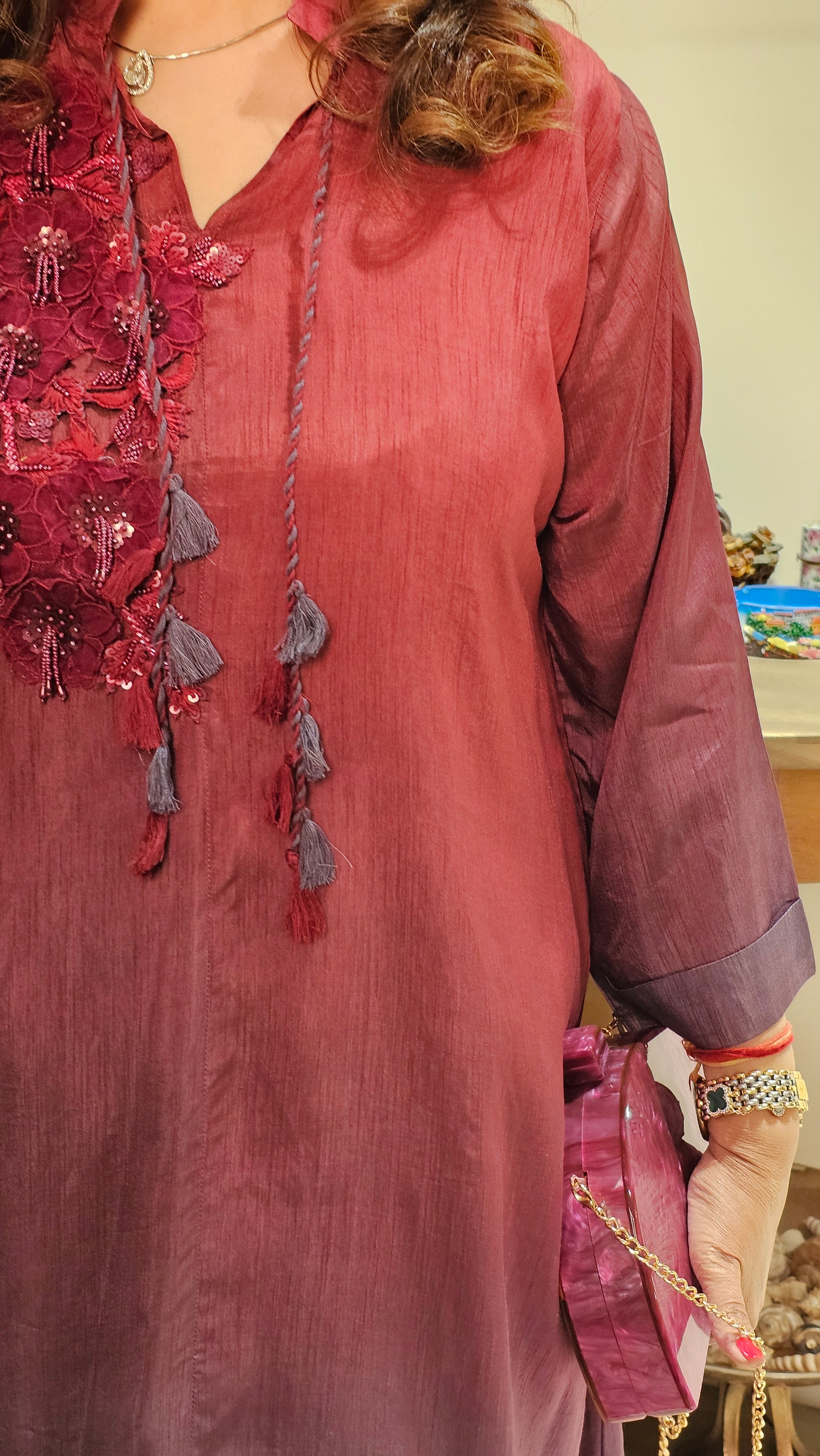 Beautiful Ombre Dyed Silk With Patch Work Hand Embroidery