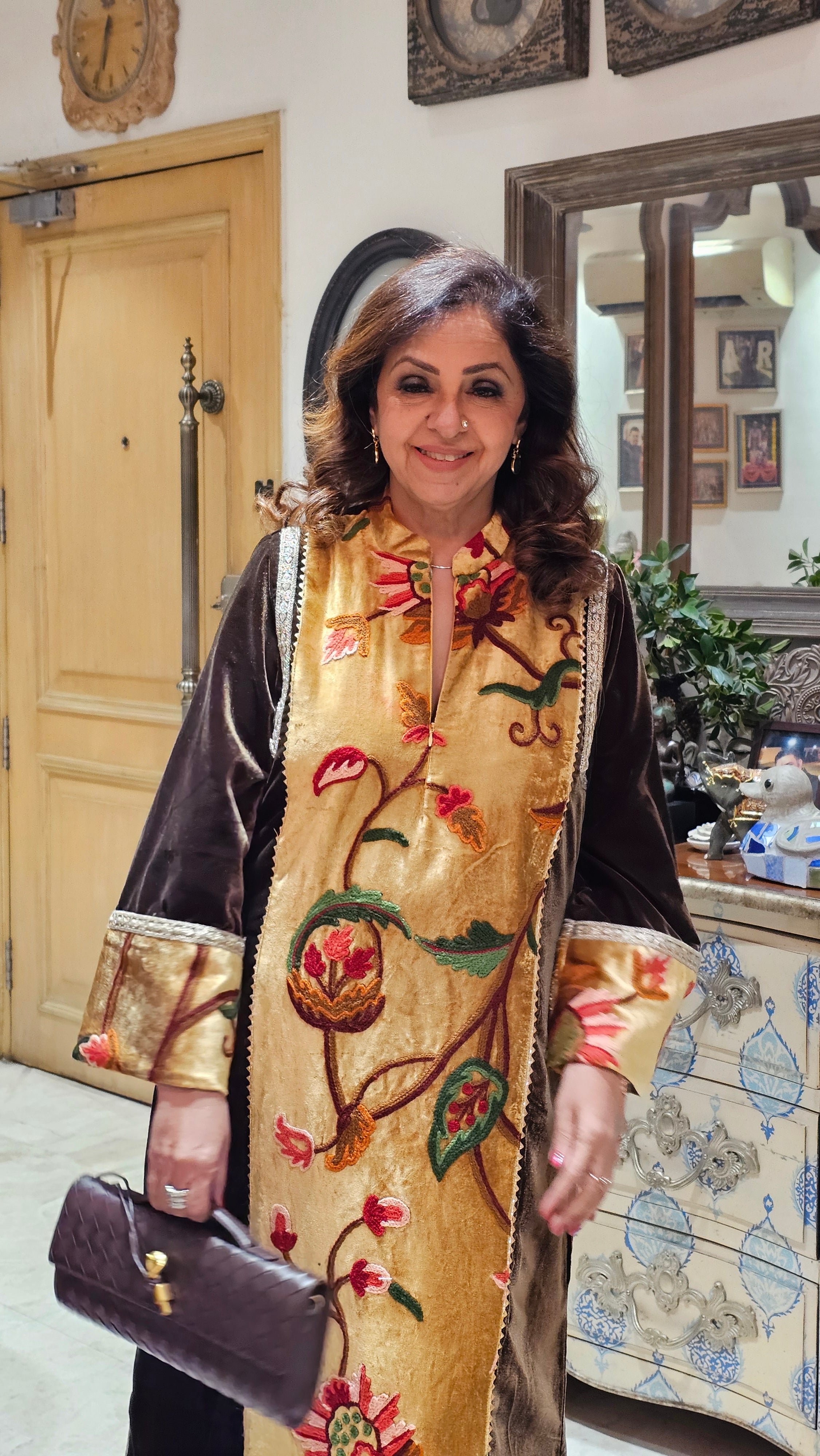 A Beautiful Silk Velvet Plain & Hand Embroidered Kashmere Velvet Panel Dressed With Hand Embroidered Gold Borders