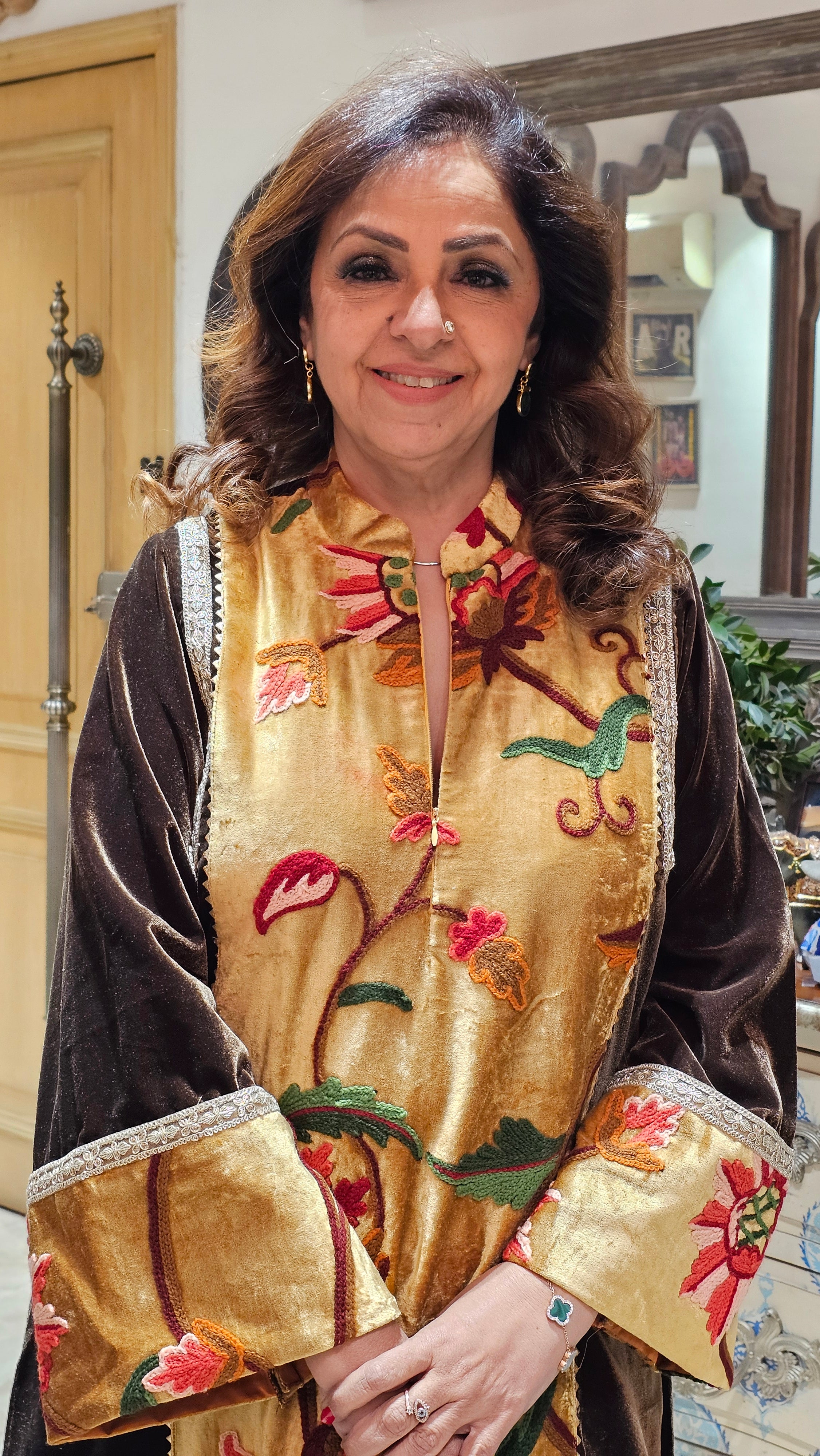 A Beautiful Silk Velvet Plain & Hand Embroidered Kashmere Velvet Panel Dressed With Hand Embroidered Gold Borders