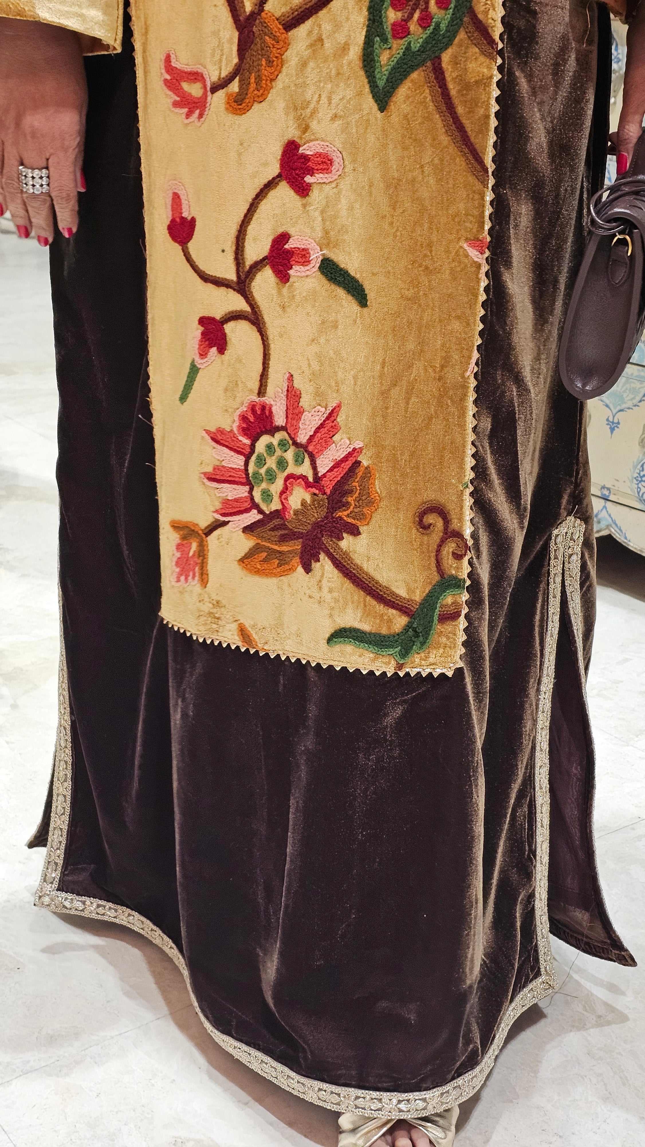 A Beautiful Silk Velvet Plain & Hand Embroidered Kashmere Velvet Panel Dressed With Hand Embroidered Gold Borders