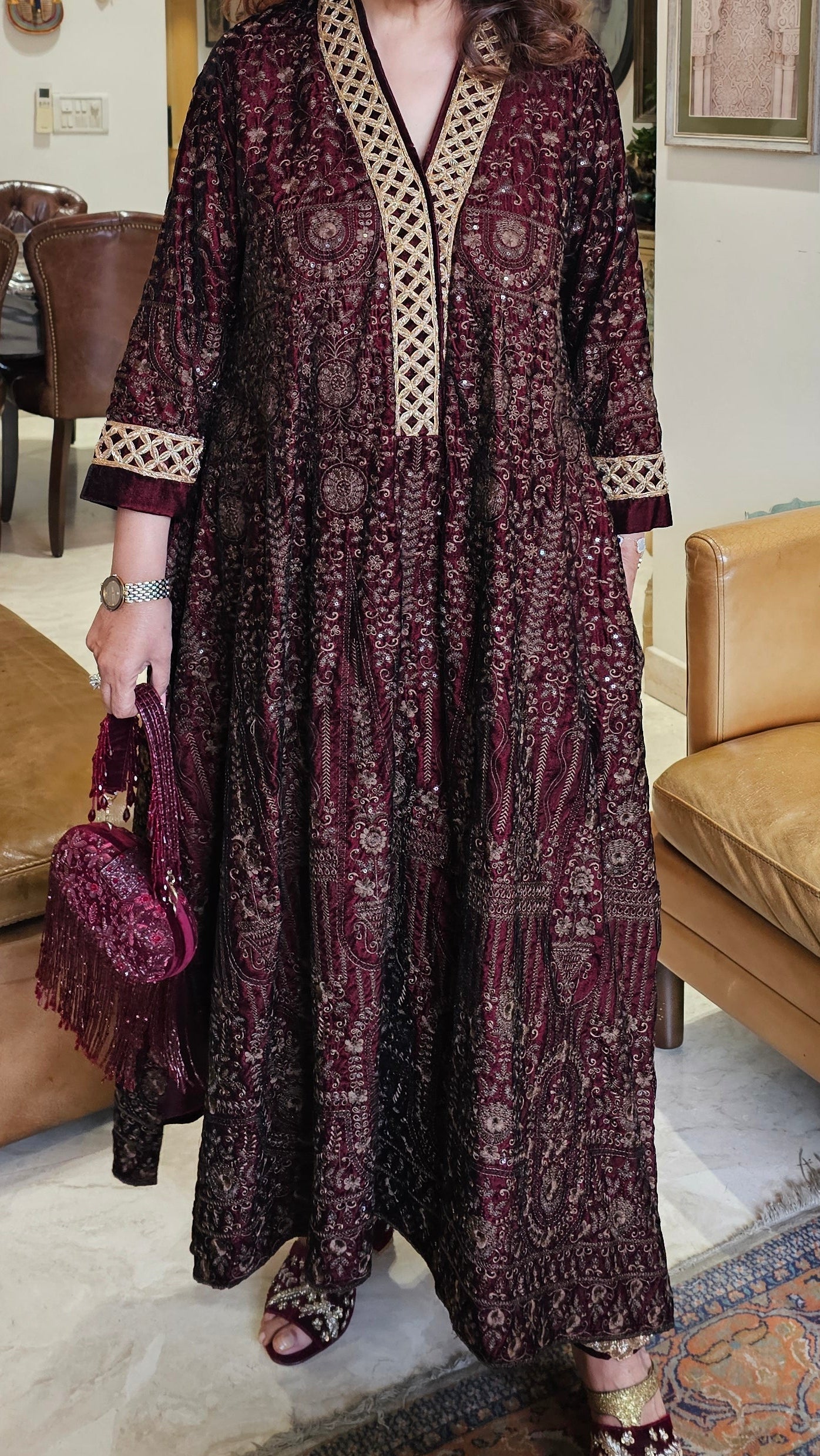 Stunning velvet asymmetric long kurta with Afghani pants trimmed with embroidery perfect for winters do’s