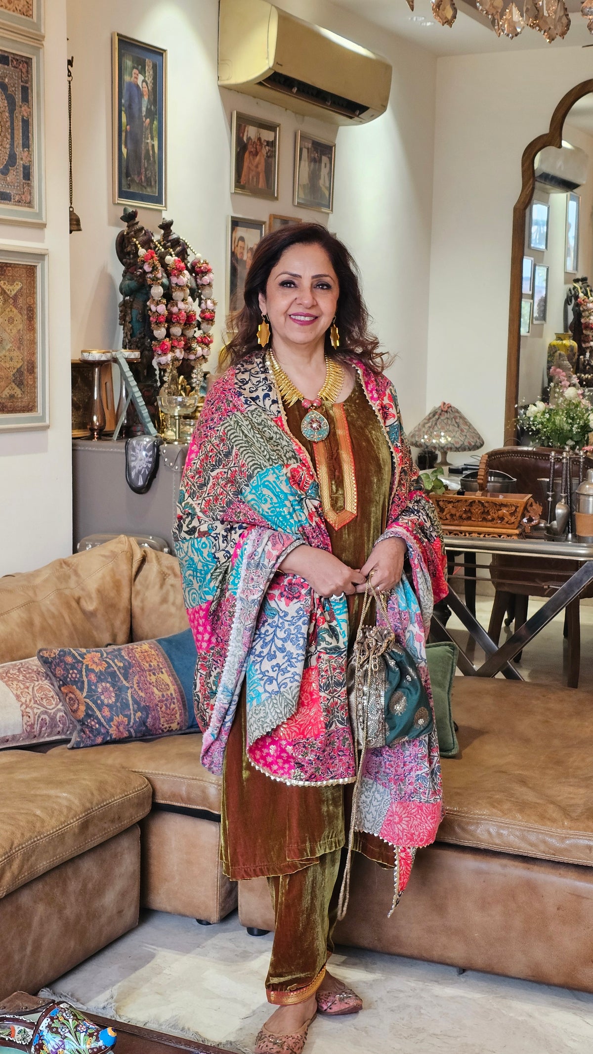 Beautiful pure silk Velvet suit with Bina Kundey ki salwaar with multicoloured shawl