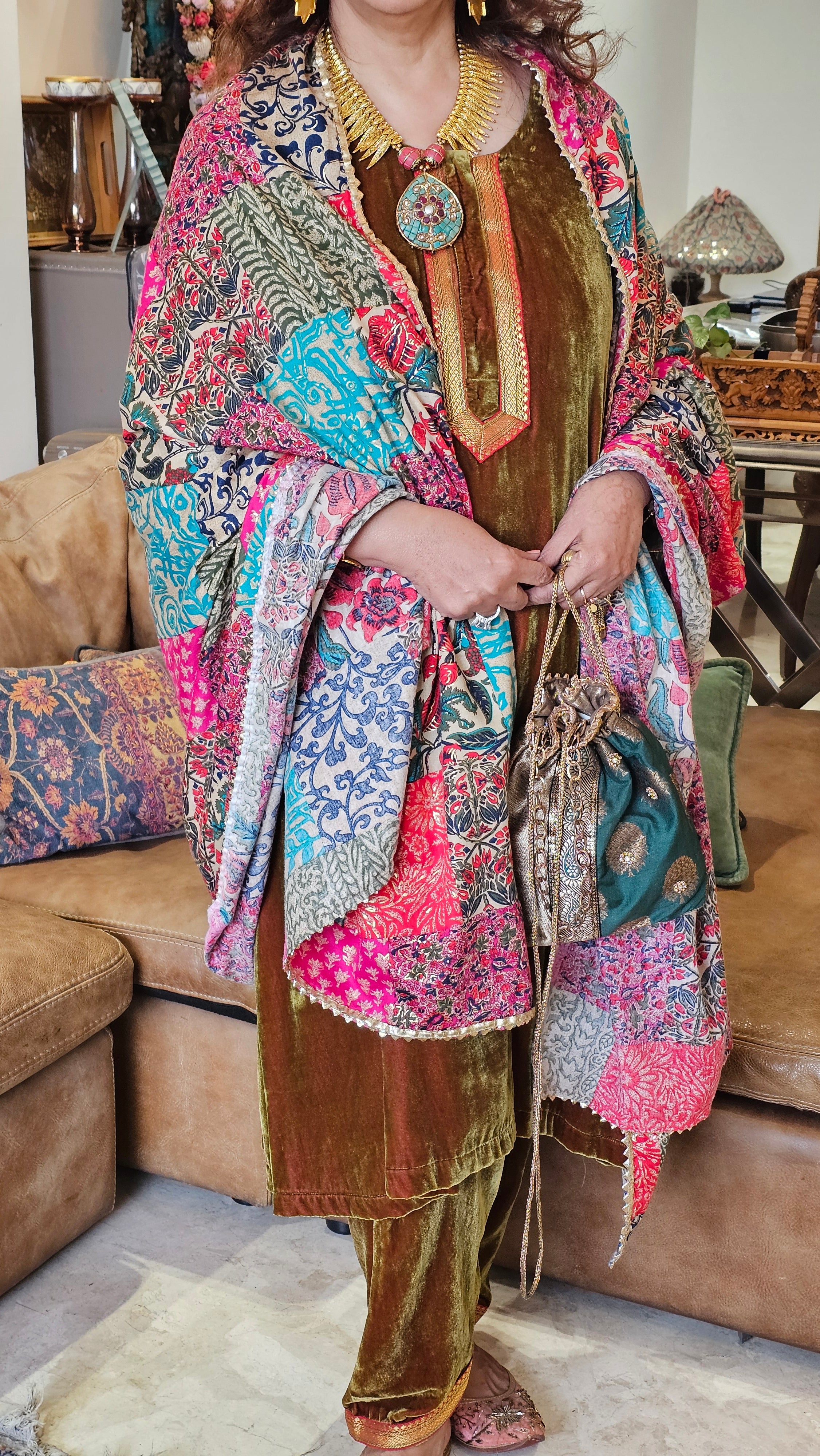 Beautiful pure silk Velvet suit with Bina Kundey ki salwaar with multicoloured shawl